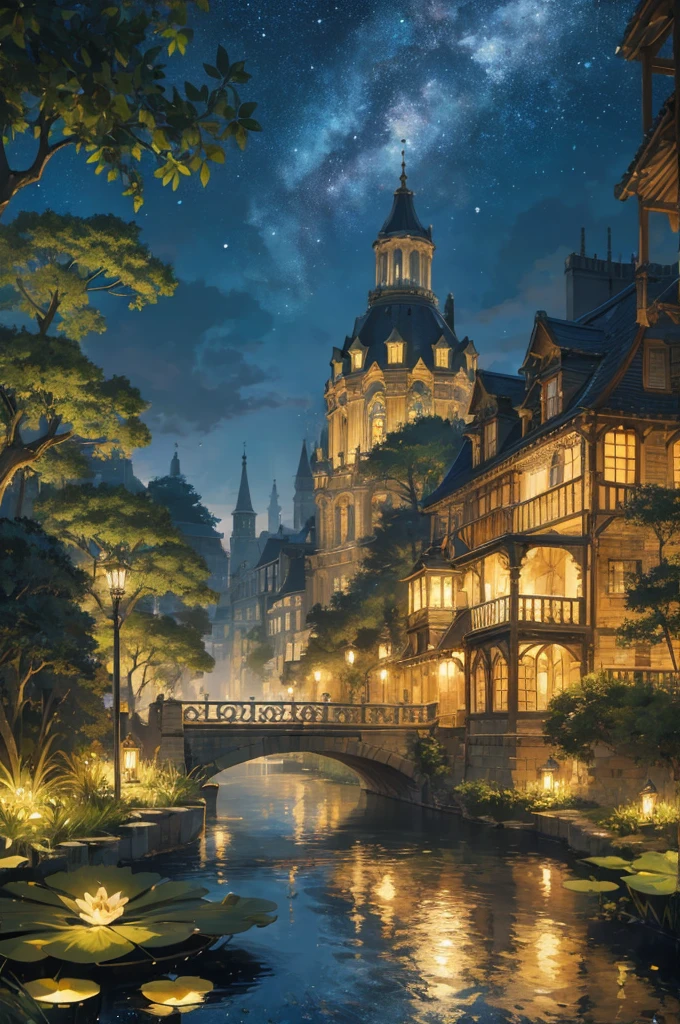As nightfall descends, the sky transforms into a vast canvas of celestial wonders. Countless stars twinkle with ethereal brilliance, casting their gentle light upon the landscape below. The moon, full and radiant, bathes the scene in a soft, luminescent glow, illuminating every intricate detail with a touch of magic.

At the heart of the composition stands a majestic mechanical frog, a true marvel of craftsmanship and imagination. Its metallic exterior, adorned with ornate engravings and delicate filigree, reflects the moonlight in a shimmering dance. Gears and cogs of all sizes intricately interlock, bringing the frog to life with a symphony of mechanical movements.

Perched atop the frog's broad back is a captivating sight—a bustling city, meticulously crafted in miniature form. Towering skyscrapers adorned with vibrant neon lights soar towards the heavens, casting a kaleidoscope of colors onto the night sky. The cityscape comes alive with bustling streets, where tiny figures go about their daily lives amidst the vibrant energy of a cyberpunk dreamscape.

As the mechanical frog traverses the landscape, its movements create a gentle rumble, echoing through the air and adding a touch of whimsy to the scene. It gracefully hops from one patch of lush grass to another, its progress leaving behind a trail of luminescent stardust that dances in the night.

Surrounding the mechanical frog and its miniature city, an enchanting natural world unfolds. Tranquil ponds reflect the starry heavens above, their surfaces shimmering like liquid diamonds. Water lilies grace the calm waters, their delicate petals glowing softly in the moonlight. Nearby, a serene forest stands proud, with towering trees adorned in bioluminescent moss that casts an otherworldly glow upon the surroundings.

As you explore the landscape further, you discover hidden nooks and crannies adorned with whimsical details. Tiny bridges span miniature rivers, connecting different sections of the cityscape. Waterfa