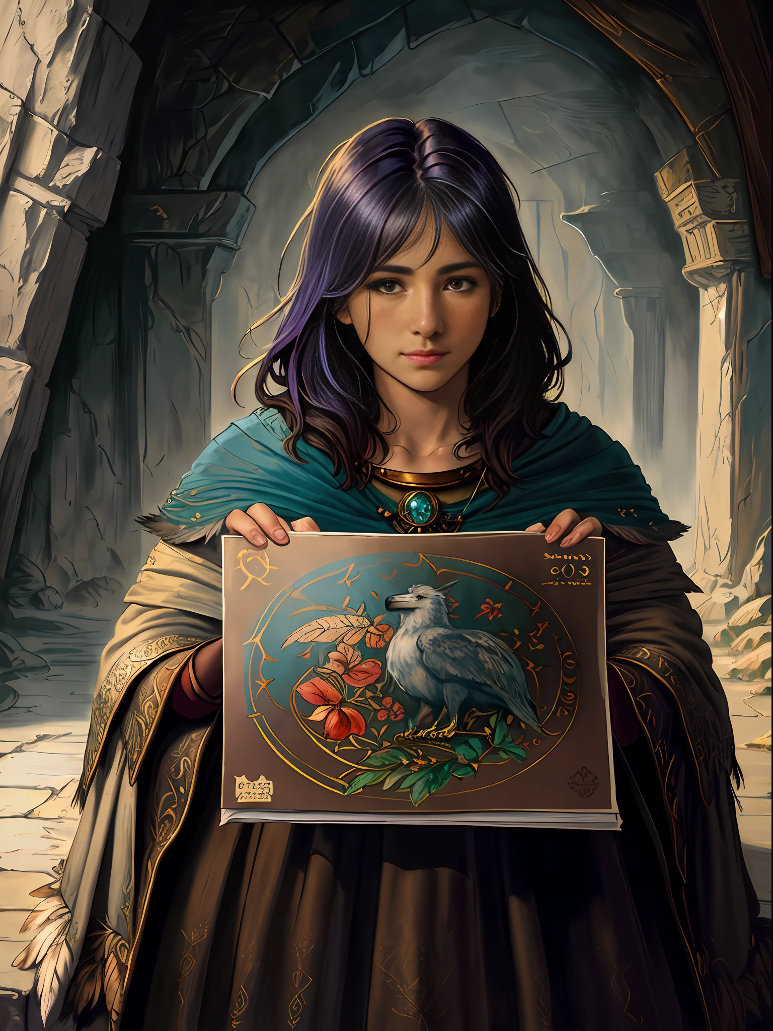 Brian Froud style, oil painting, chiaroscuro, comic style, A hybrid creature with the body and head of a wolf but the feathers and tail of a raven, on (cold pressed 300g/m² cotton paper), dynamic, highly detailed, artstation, concept art, smooth, sharp focus, illustration, art by John William Waterhouse, details by Carl Larsson, detailed cavern background, 60-30-10 color rule, warm tones, rays of light, studio lighting, white background, pastel colors