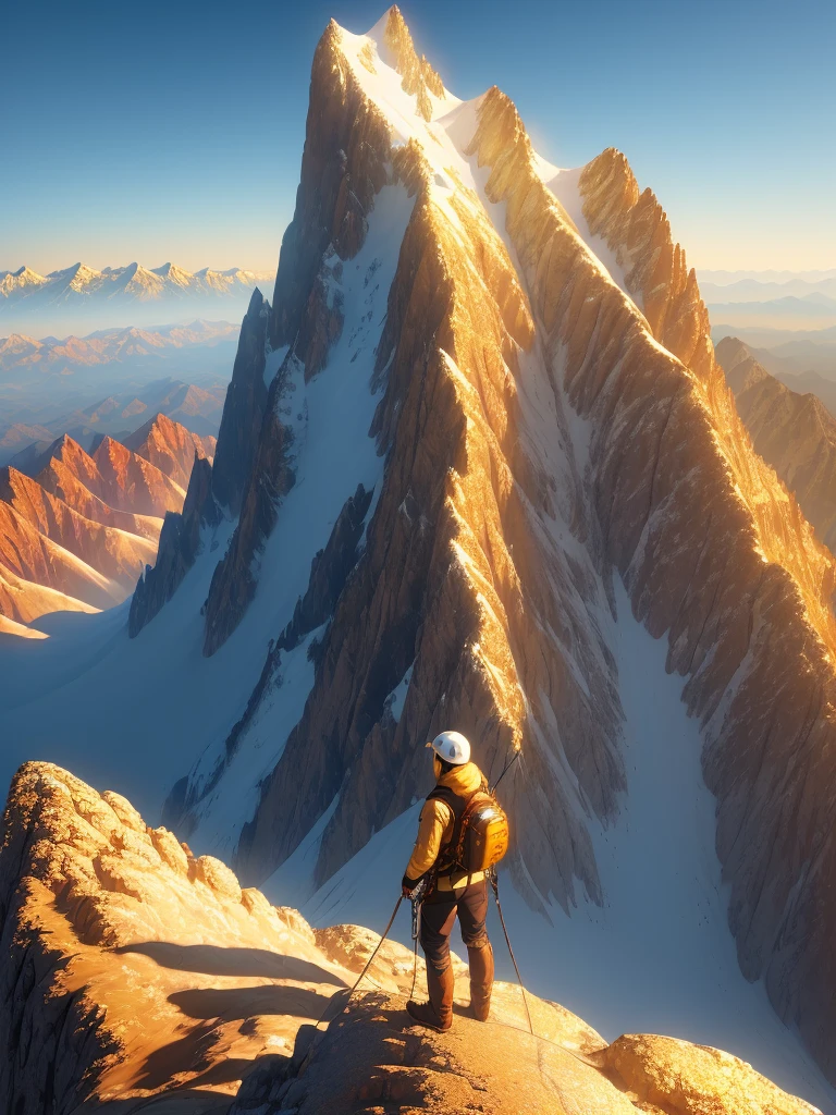(golden mountain:1.3) with warm shades of gold, (high resolution:1.2) and (high quality:1.2). climber looking at the top, sunny day