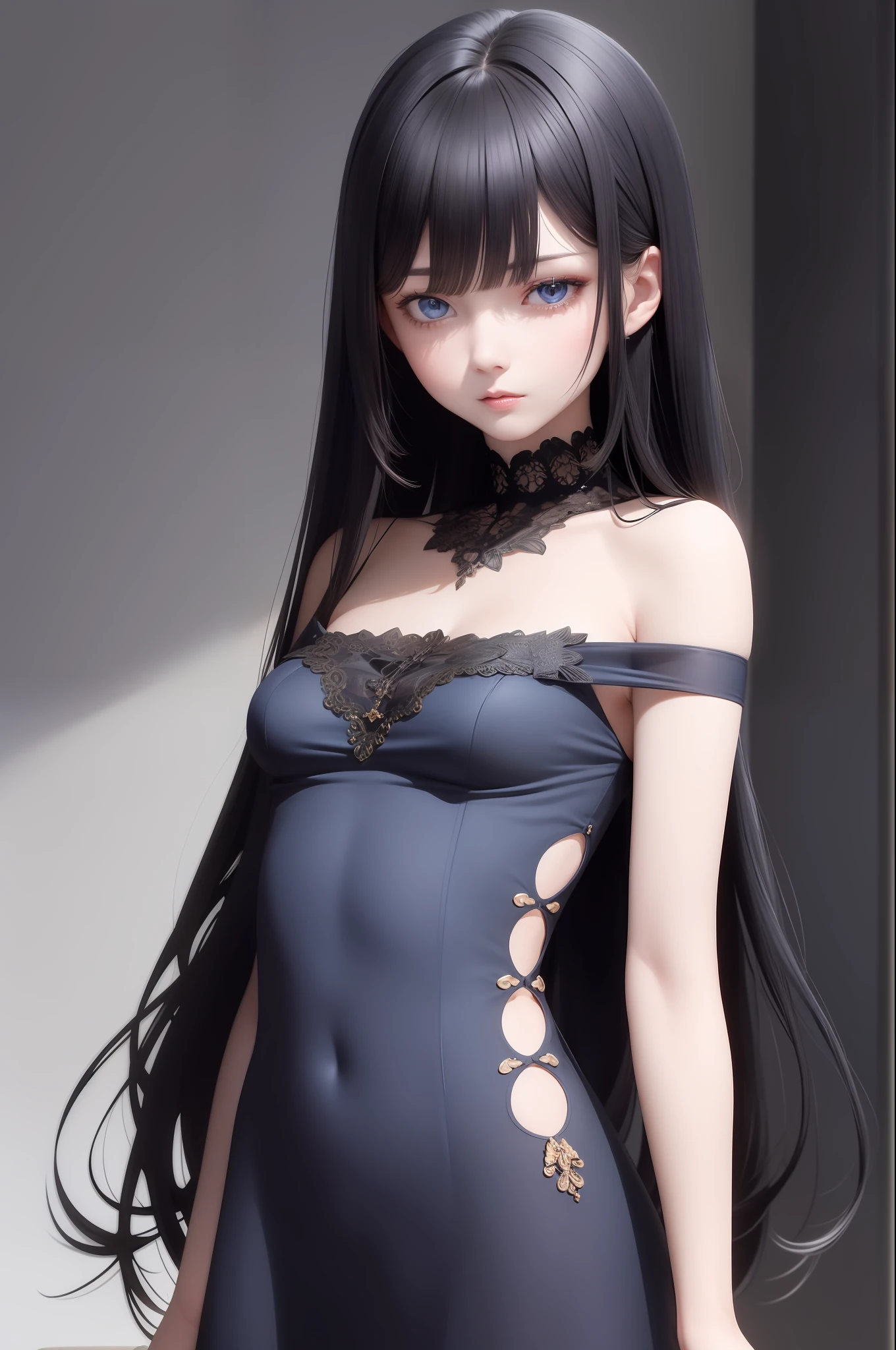 best quality, masterpiece,Black hair, blue eyes, looking up, sexy transparent dress, loose dress, bare shoulder, [unconcerned, NSFW,], unconcerned, upper body