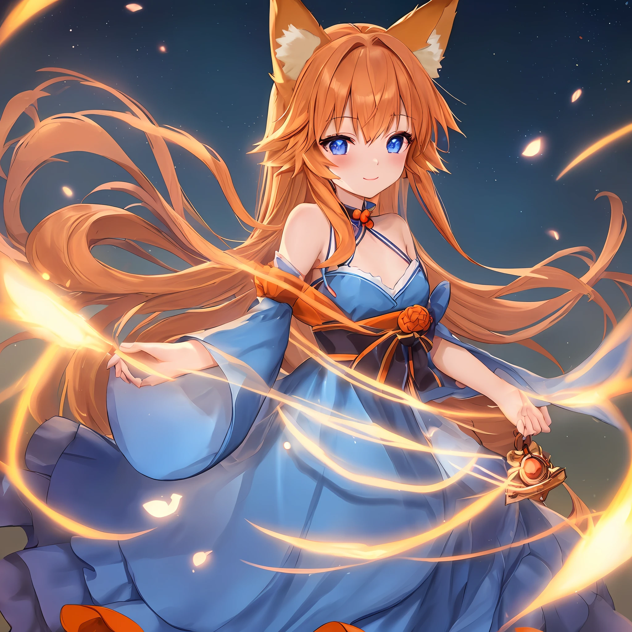 a fox girl, with fox tail and fox ears, orange smooth hair, very detailed blue and orange dress with a small mozilla firefox icon on it, detailed beautiful deep blue eyes, looking at viewer, solo, (unity cg), blushing slightly, hands on her chest, glowing light, blurry, drop shadow, (highres), (best quality), (masterpiece), high quality, high details, masterpiece, super detail, textured skin