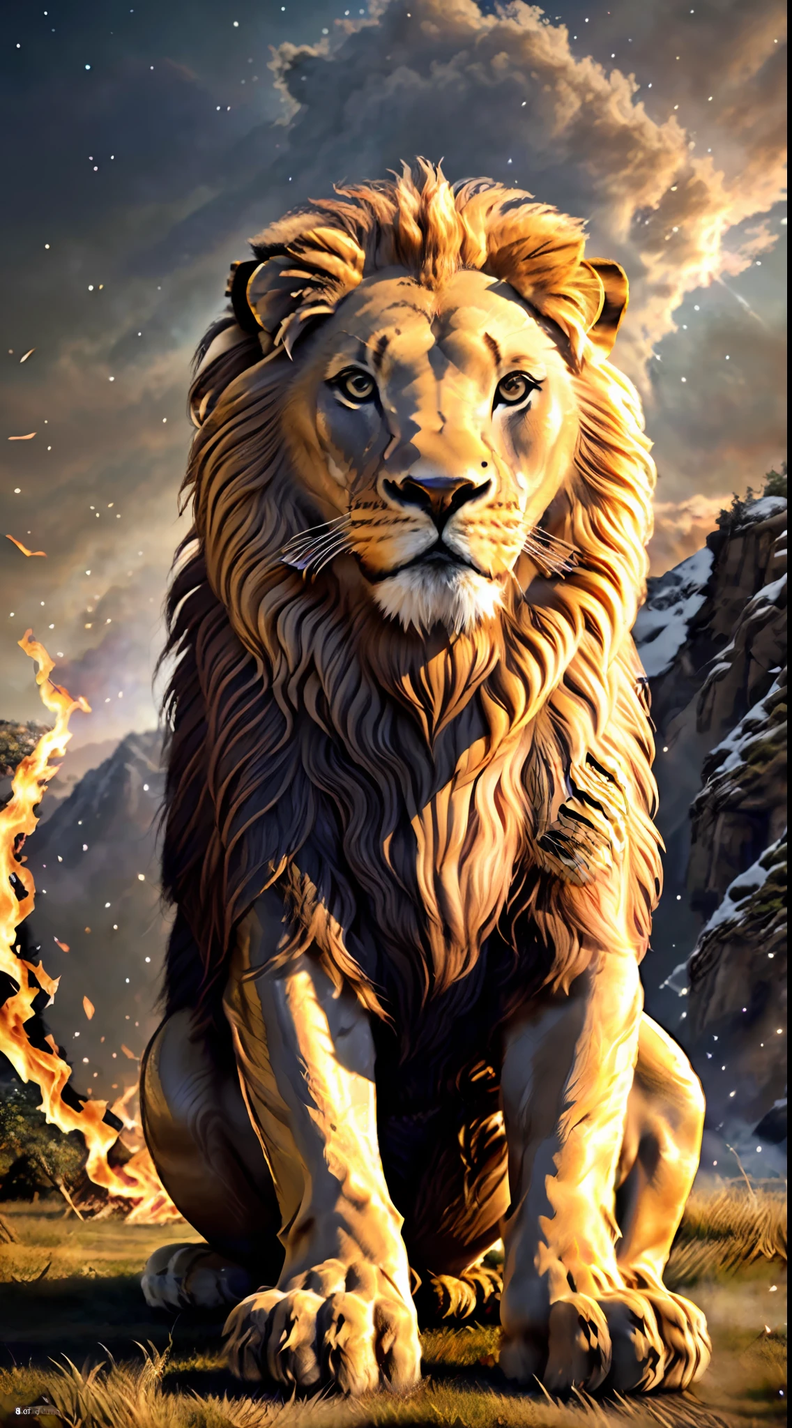 (8k, best quality, masterpiece:1.2), (realistic, photorealistic:1.37), best quality, masterpiece, unity,beautiful, extremely detailed, amazing, fine details, masterpiece, best quality, official art, absurdities, incredibly absurd, huge file size, ultra-detailed, extremely detailed, humanoid lion sitting on throne with ((detailed background nebula)), extremely detailed eyes and face, detailed eyes, light on face, ((1lion)), flaming eyes, (full_body_3.3), outdoor, professional lighting, detailed shadow, ultra realistic, ultra detailed