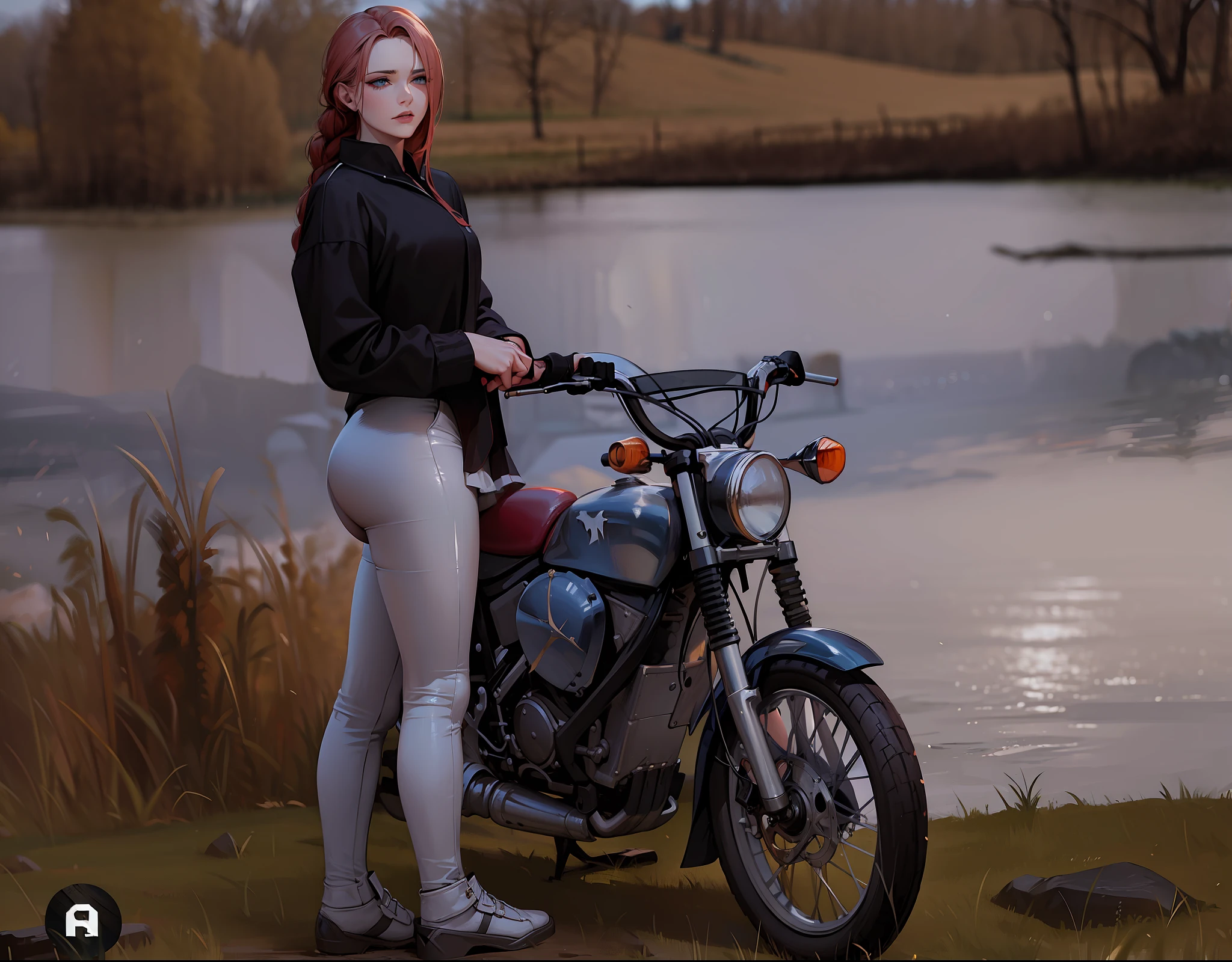 (Masterpiece:1.2), (best quality:1.2), perfect eyes, perfect face, perfect lighting, 1girl, mature woman on a battlefield, absurdly long red hair, crown braid, war_glam, armor, leather skirt, scars, fantasy, detailed background