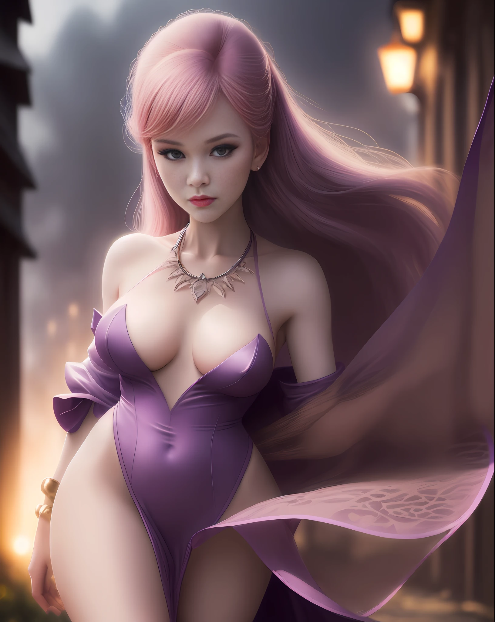 "Describe Daphne Blake's appearance and personality in a realistic setting. How does she dress? How does she act? How does she walk?", slender and elegant, very sensual, posing for photo, medium breasts, fog, dark, 3 am, cloudy night, climate of terror, dawn, village at night, suspense, (masterpiece, blurred background, natural lighting, depth of field, ultra detailed and realistic photography, 100mm lens), portrait style