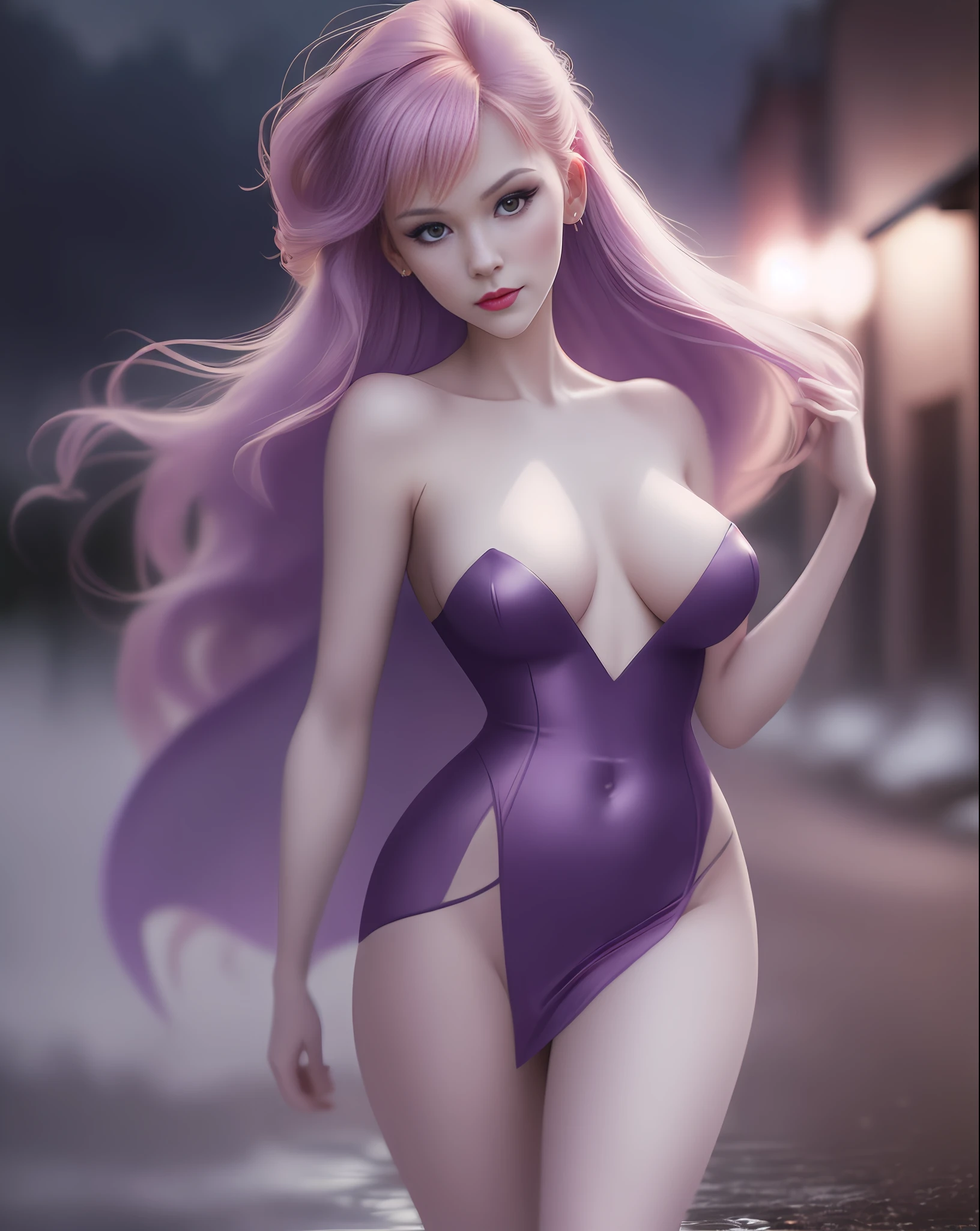 "Describe Daphne Blake's appearance and personality in a realistic setting. How does she dress? How does she act? How does she walk?", slender and elegant, very sensual, posing for photo, medium breasts, fog, dark, 3 am, cloudy night, climate of terror, dawn, village at night, suspense, (masterpiece, blurred background, natural lighting, depth of field, ultra detailed and realistic photography, 100mm lens), portrait style