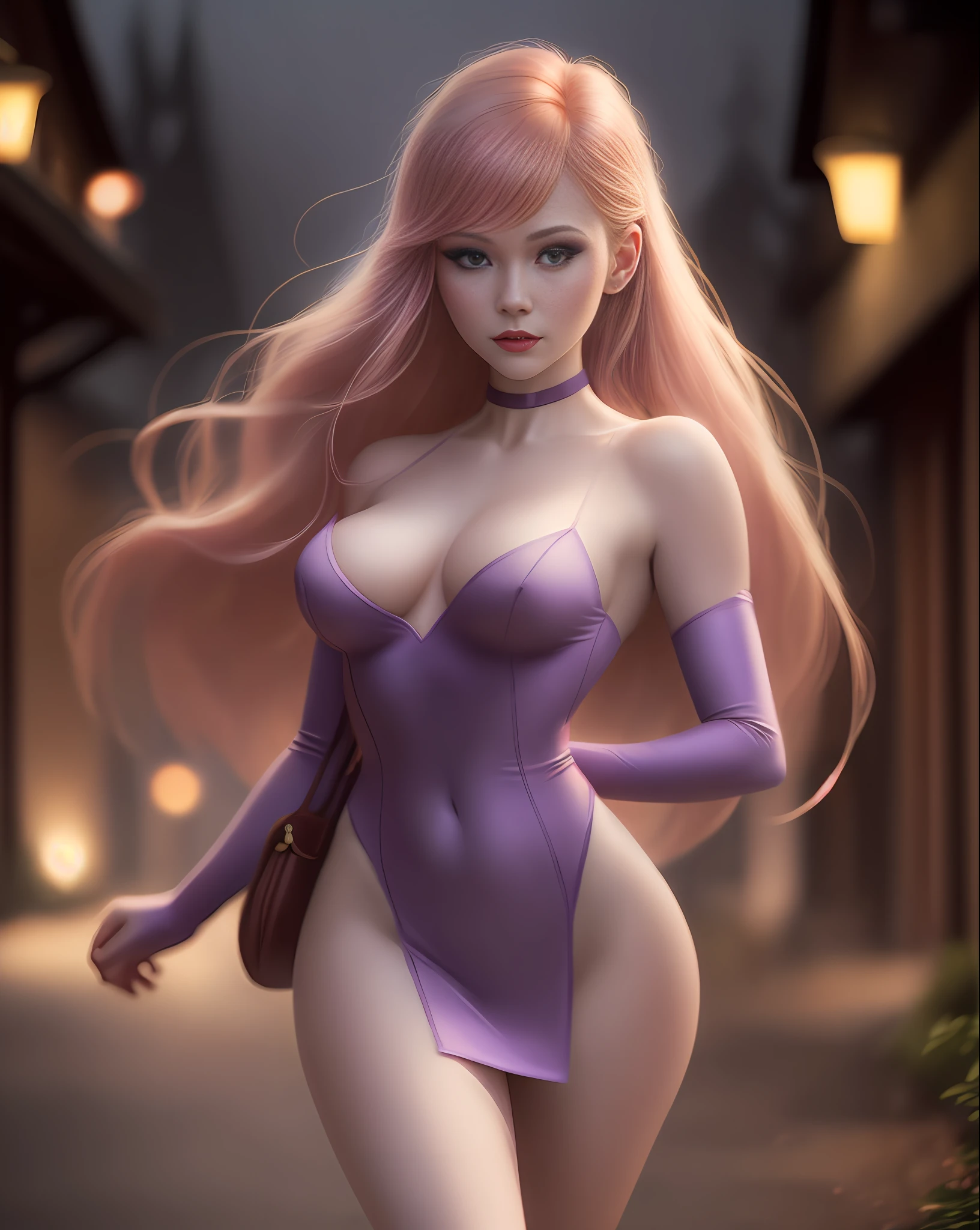 "Describe Daphne Blake's appearance and personality in a realistic setting. How does she dress? How does she act? How does she walk?", slender and elegant, very sensual, posing for photo, medium breasts, fog, dark, 3 am, cloudy night, climate of terror, dawn, village at night, suspense, (masterpiece, blurred background, natural lighting, depth of field, ultra detailed and realistic photography, 100mm lens), portrait style