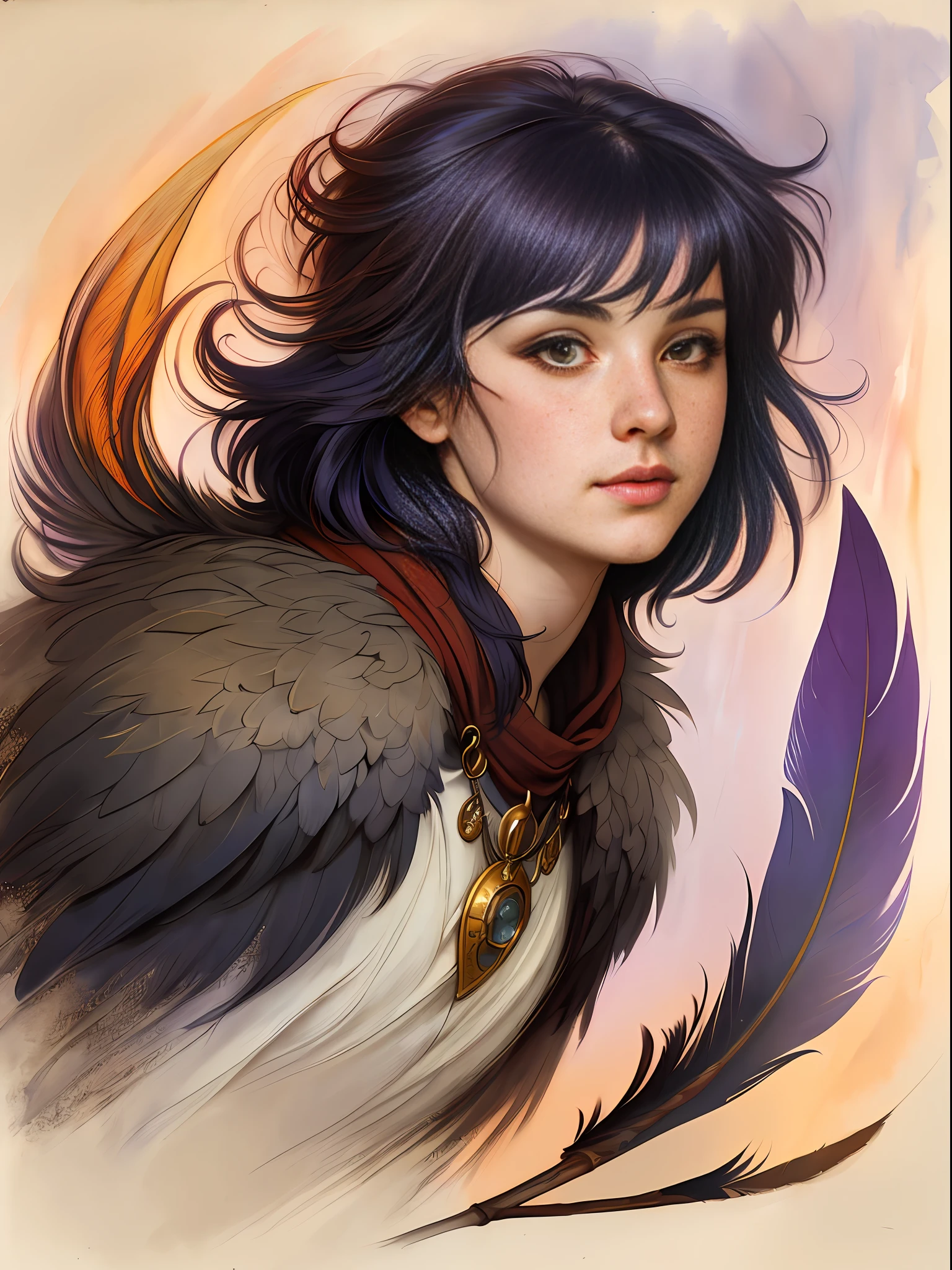 Brian Froud style, oil painting, chiaroscuro, comic style, A hybrid creature with the body and head of a wolf but the feathers and tail of a raven, on (cold pressed 300g/m² cotton paper), dynamic, highly detailed, artstation, concept art, smooth, sharp focus, illustration, art by John William Waterhouse, details by Carl Larsson, detailed cavern background, 60-30-10 color rule, warm tones, rays of light, studio lighting, white background, pastel colors