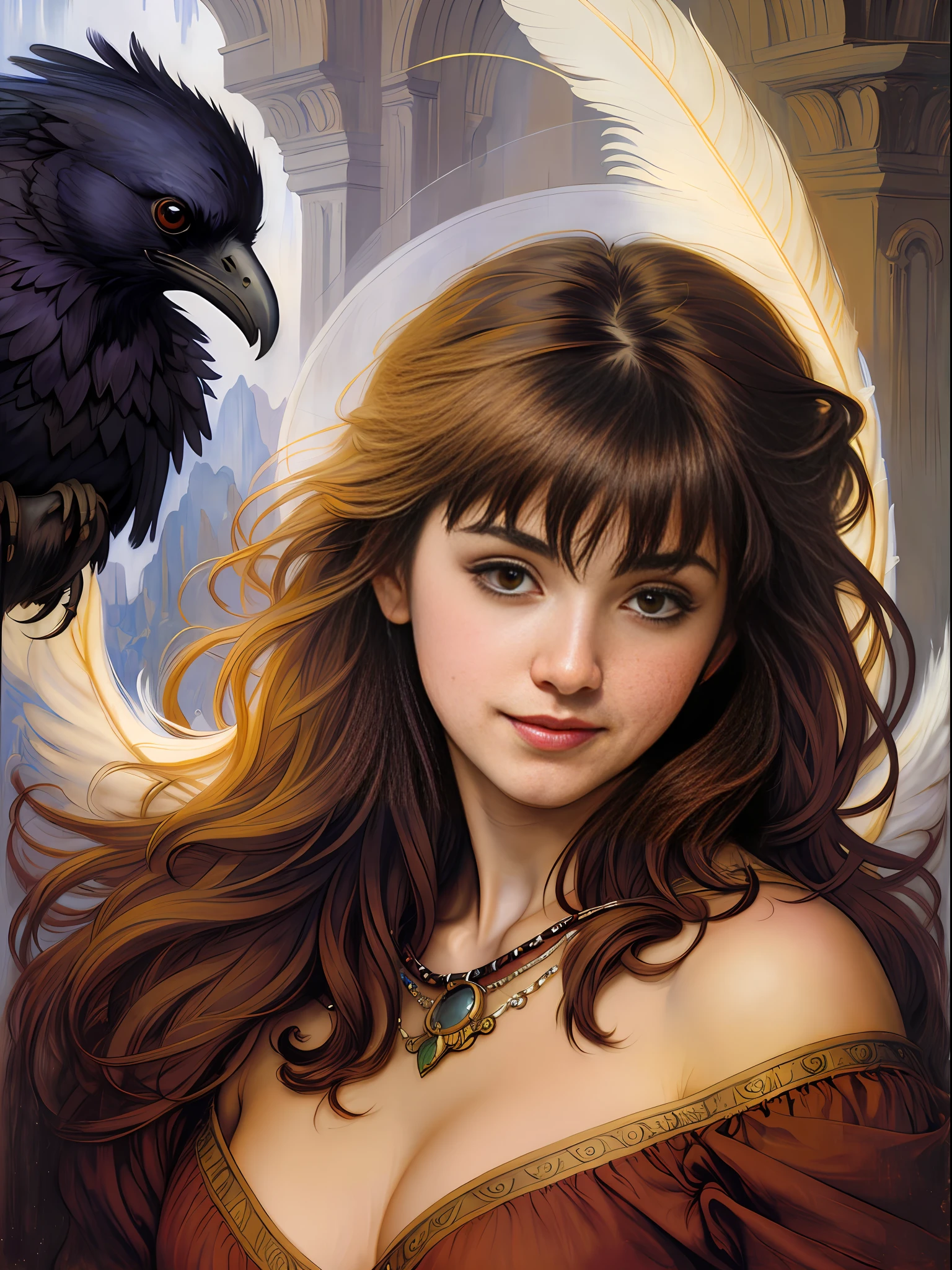 Brian Froud style, oil painting, chiaroscuro, comic style, A hybrid creature with the body and head of a wolf but the feathers and tail of a raven, on (cold pressed 300g/m² cotton paper), dynamic, highly detailed, artstation, concept art, smooth, sharp focus, illustration, art by John William Waterhouse, details by Carl Larsson, detailed cavern background, 60-30-10 color rule, warm tones, rays of light, studio lighting, white background, pastel colors