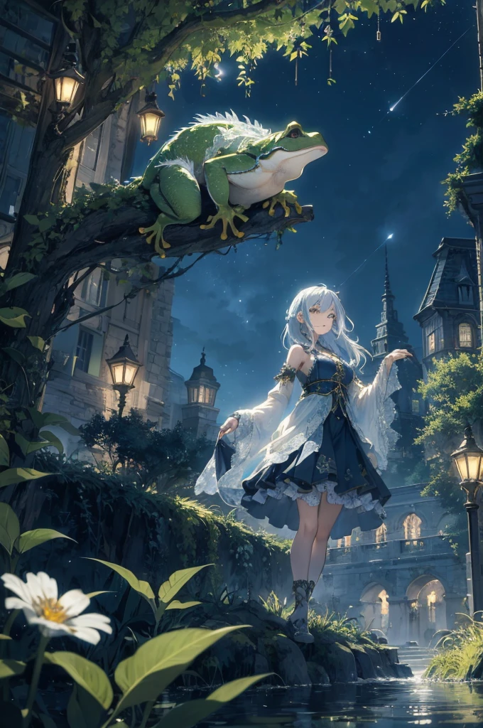 As twilight blankets the realm, the heavens come alive with a celestial spectacle. Countless stars twinkle like shimmering diamonds, their ethereal glow casting a soft illumination upon the landscape. The moon, radiant and full, bathes everything in a gentle silver light, accentuating the enchantment that lies within.
At the heart of the composition stands a majestic mechanical frog—a testament to both artistry and engineering prowess. Crafted with meticulous detail, its metallic frame gleams in the moonlight, adorned with ornate patterns and intricate engravings. Gears and mechanisms intertwine seamlessly, bringing the creature to life with graceful movements.
Perched atop the frog's sturdy back rests a miniature city, a mesmerizing marvel of human innovation and imagination. Towering skyscrapers adorned with neon lights reach towards the heavens, their vibrant hues painting the night sky with a kaleidoscope of colors. Tiny windows flicker like stars, revealing glimpses of bustling activity within the city's vibrant streets.
As the mechanical frog traverses the landscape, its steps create a gentle rhythmic hum that reverberates through the air—a symphony of wonder and possibility. Each hop is a delicate dance, leaving behind a trail of glittering stardust that twinkles like a celestial pathway, guiding the frog and its extraordinary cargo.
The surrounding environment is a harmonious blend of nature and fantasy. Lush greenery and blooming flowers flourish beneath the moon's gentle gaze, their petals embracing the night with delicate fragrances. Majestic trees, their branches adorned with luminescent moss, stand sentinel, casting surreal shadows upon the landscape.
A winding river meanders through the scene, its waters mirroring the starry spectacle above. It whispers secrets as it flows, weaving a tale that only those who listen closely can understand. Along its banks, fireflies illuminate the darkness with their gentle glow, their enchanting light creating a m