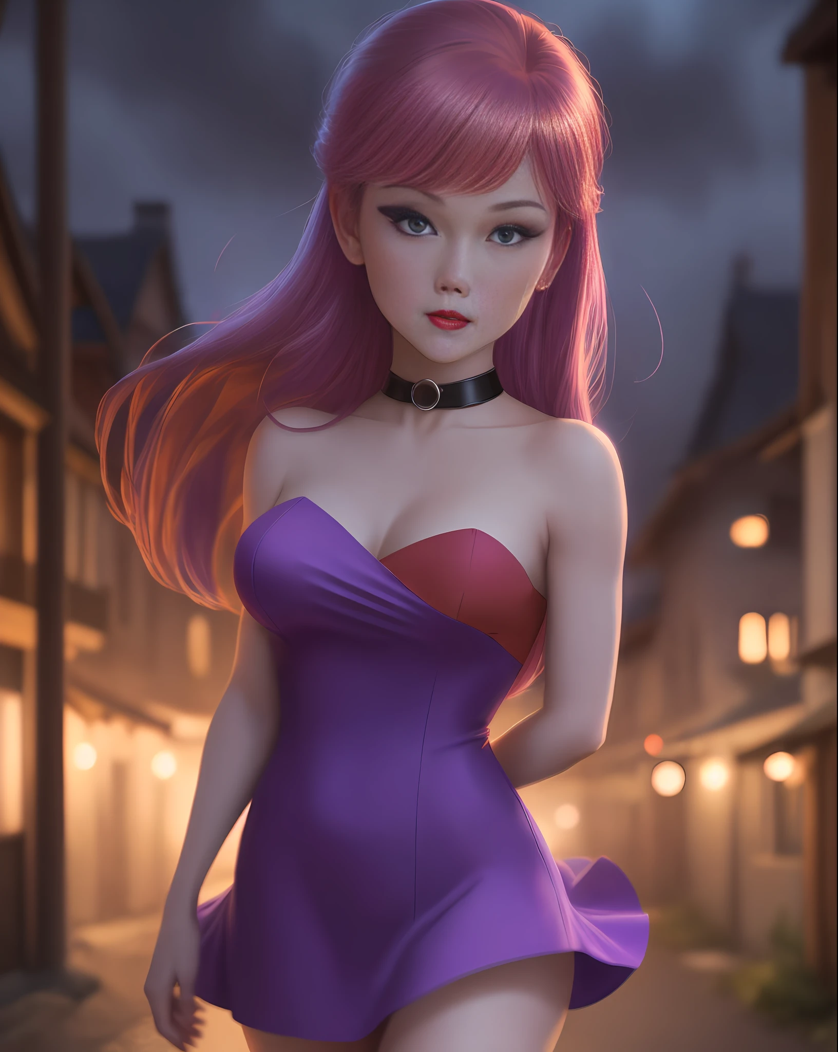 "Describe Daphne Blake's appearance and personality from the Scooby doo anime in a realistic setting. How does she dress? How does she act? How does she walk?", blue colored eye, short purple dress and glued, red hair, slender and elegant, very sensual, posing for photo, medium breasts, fog, dark, 3 am, cloudy night, climate of terror, dawn, village at night, suspense, (masterpiece, blurred background, natural lighting, depth of field, ultra detailed and realistic photography, 100mm lens),  portrait style