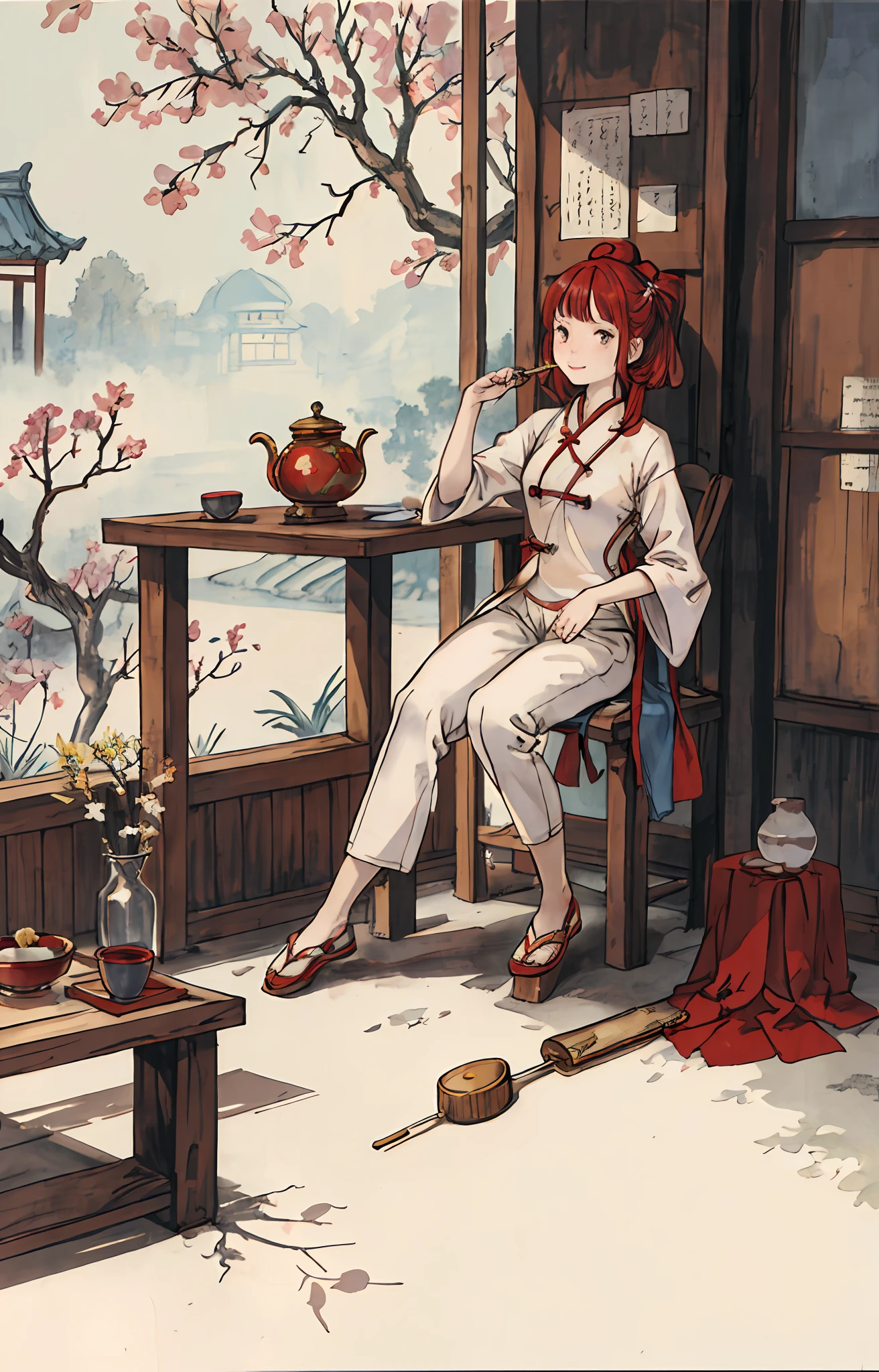 a thirty - year - old Chinese girl, natural sunlight, beautiful soft light, film style, beautiful details, time travel to ancient China, hyperfocus, sharp focus, ((She was wearing a gorgeous red cut and long pants))€, a golden hairpin on her head, and a faint fragrance exuded from her body. Her face is beautiful, her eyes are clear and bright, and she looks very charming. The background of the whole scene is an ancient palace. There are all kinds of gorgeous curtains and ornaments hanging in the palace, and various pictures of gods and beauties are painted on the walls, which looks very magnificent. The whole scene is full of ancient atmosphere, which makes people feel that they have gone back in time and returned to the ancient court era. This beautiful woman seems to be enjoying this ancient atmosphere, feeling the charm and beauty of ancient times, hyper-realistic, ultra detailed details --s 1000