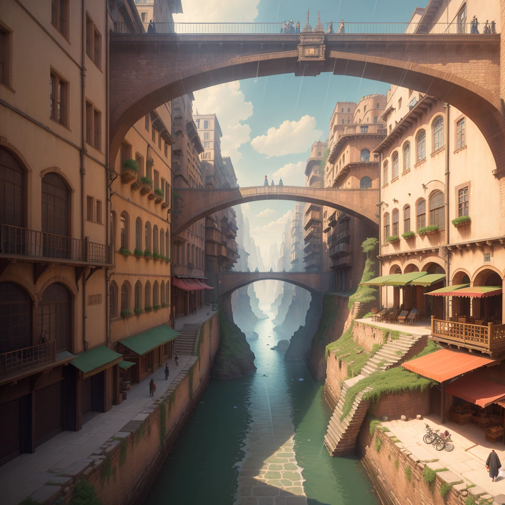 ((masterpiece)),((best quality)),((high detial)),((realistic,)) Industrial age city, deep canyons in the middle, architectural streets, bazaars, Bridges, rainy days, steampunk, European architecture