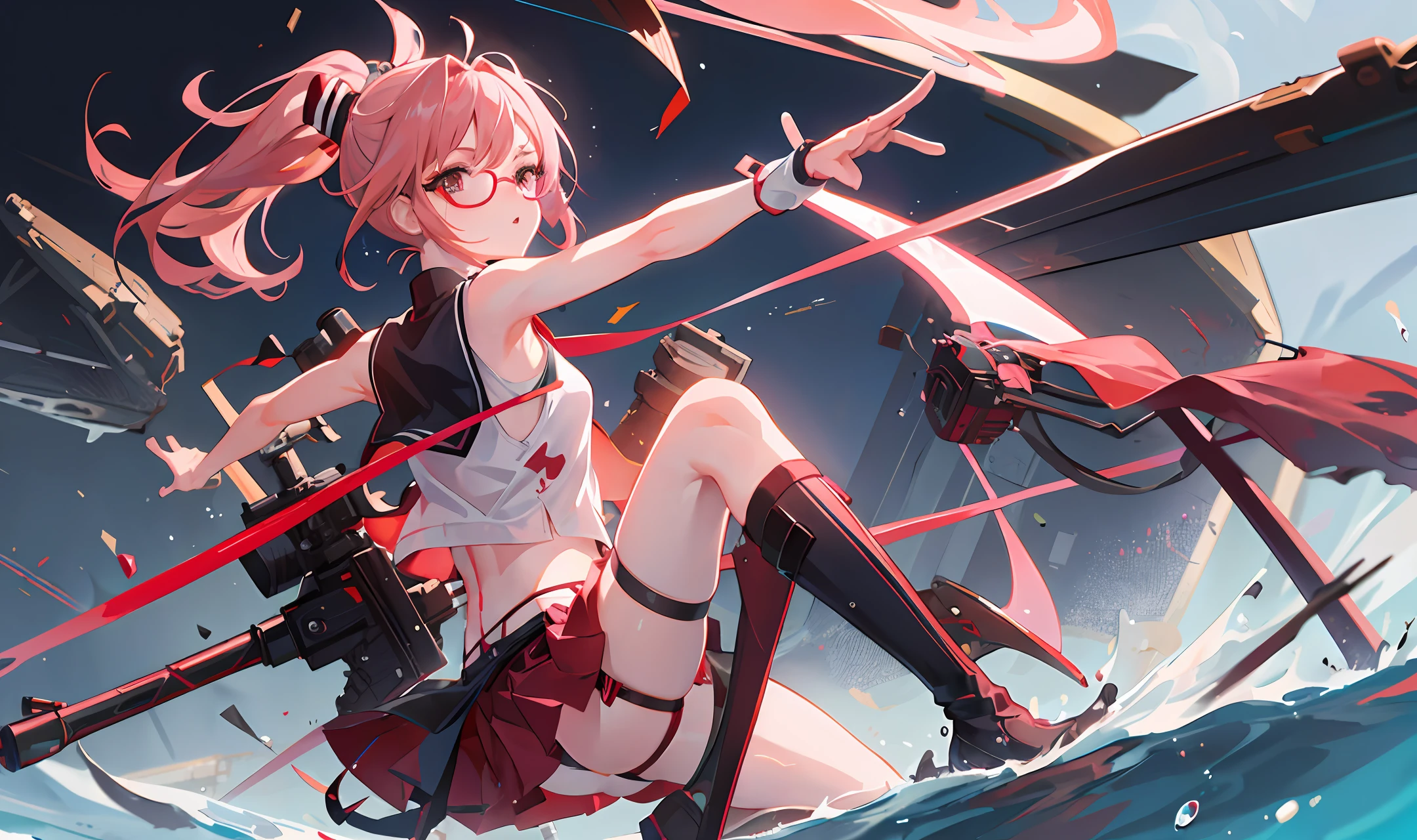 (Best Quality, Anime, 8K) 1 Girl, Red Glasses, Big, Sleeveless, Show Armpits, Sniper Rifle, Slit Mini Skirt, Striped Panties, Braless, Side, Pink Hair, Ponytail, Floating Skirt, Wet Clothes, Boots, Knee High Socks, Garter Belt