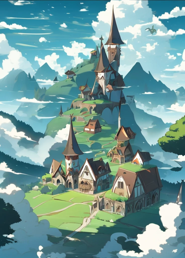 Fantastic flying castle, Ghibli style, scenery, outdoors, fantasy, clothesline, cloud, sky, day, floating island