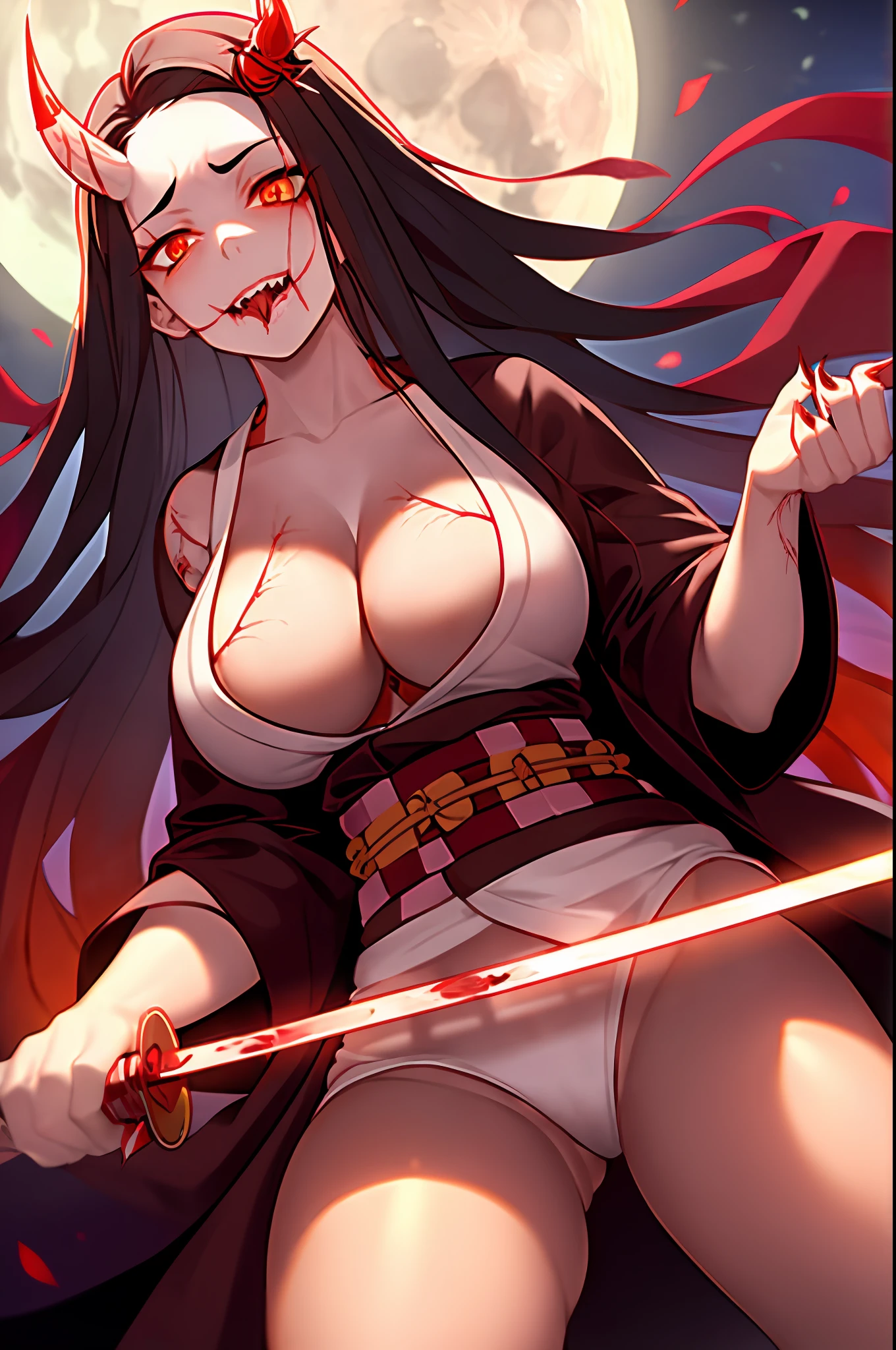 kamado nezuko, 1girl, slit pupils, sharp teeth, vampire, veins, blood, big breasts, ((aged up)), brown hair, buckle, cleavage, collarbone, big breasts, cowboy shot, dutch angle, fingernails, full moon, gradient hair, holding, holding sword, holding weapon, horns, japanese clothes, kimono, large breasts, licking, licking blood, licking hand, long hair, looking at viewer, moon, multicolored hair, night, obi, oni horns, open clothes, open kimono, orange hair, red eyes, red nails, sash, sharp fingernails, single horn, solo, standing, underwear, very long hair, weapon, white belt, ((masterpiece))