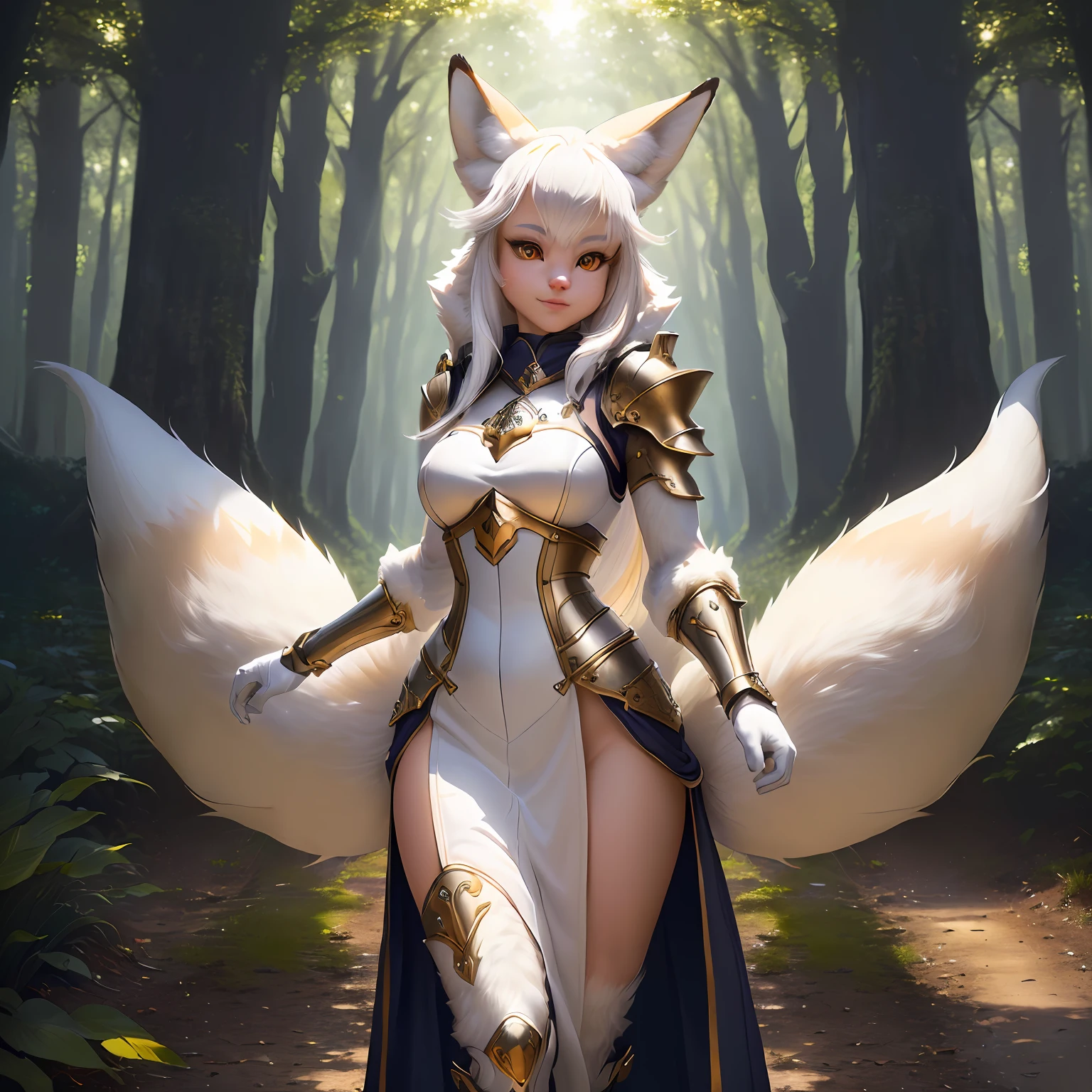 ((solo)), (full body) shot photo of the most beautiful artwork detailed and beautiful eyes, intricate detail, High Detail, ultra realistic, tight white/hide armor, furry art,, (furry art!!!, anthropomorphic furry art, ((female anthro furry fenny fox cleric)), forest, very very beautiful furry art, realistic, 8k, --no human-hair, duplicate, duplicate tails