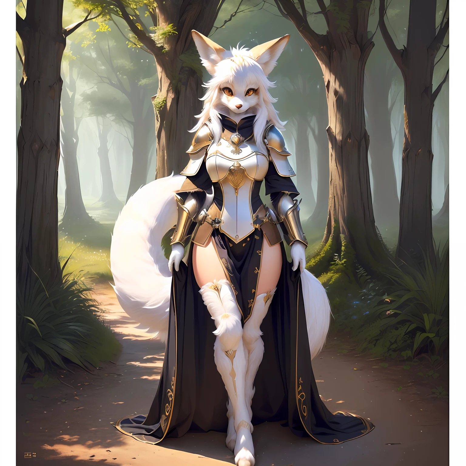 ((solo)), (full body) shot photo of the most beautiful artwork detailed and beautiful eyes, intricate detail, High Detail, ultra realistic, tight white/hide armor, furry art,, (furry art!!!, anthropomorphic furry art, ((female anthro furry fenny fox cleric)), forest, very very beautiful furry art, realistic, 8k, --no human-hair, duplicate, duplicate tails