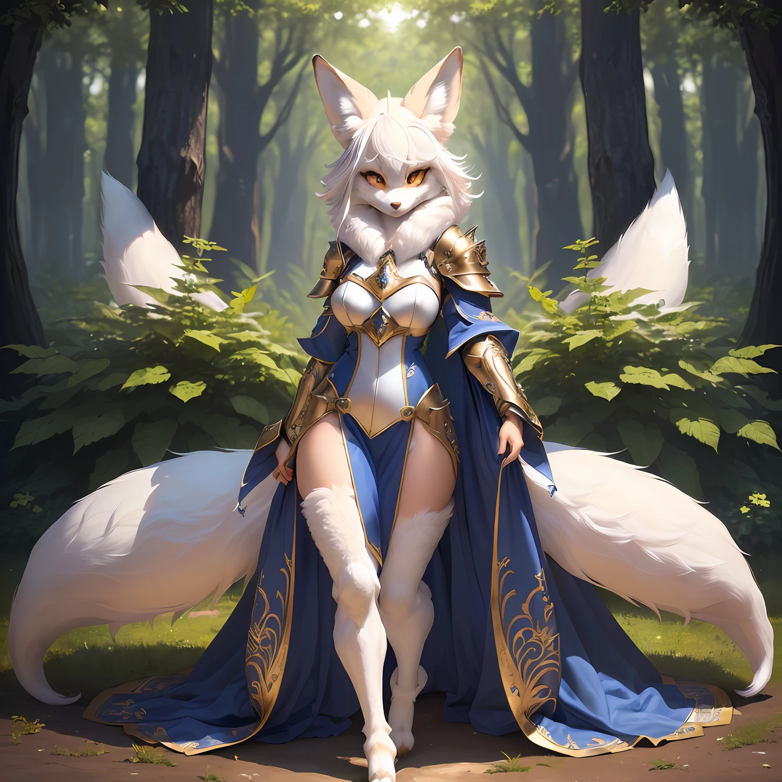 ((solo)), (full body) shot photo of the most beautiful artwork detailed and beautiful eyes, intricate detail, High Detail, ultra realistic, tight white/hide armor, furry art,, (furry art!!!, anthropomorphic furry art, ((female anthro furry fenny fox cleric)), forest, very very beautiful furry art, realistic, 8k, --no human-hair, duplicate, duplicate tails