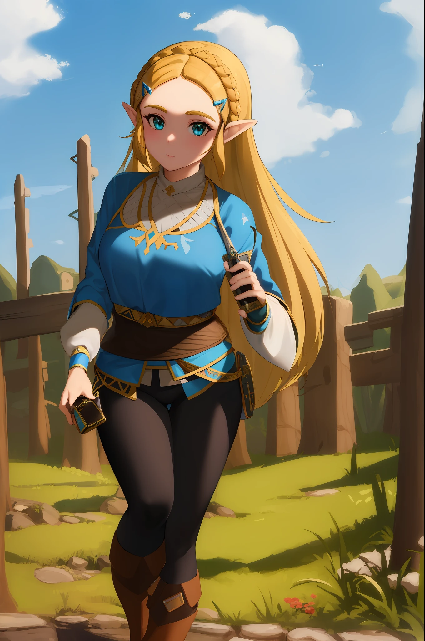 masterpiece, best_quality, 1girl, solo, princess zelda, nintendo, the legend of zelda, botw, black pants