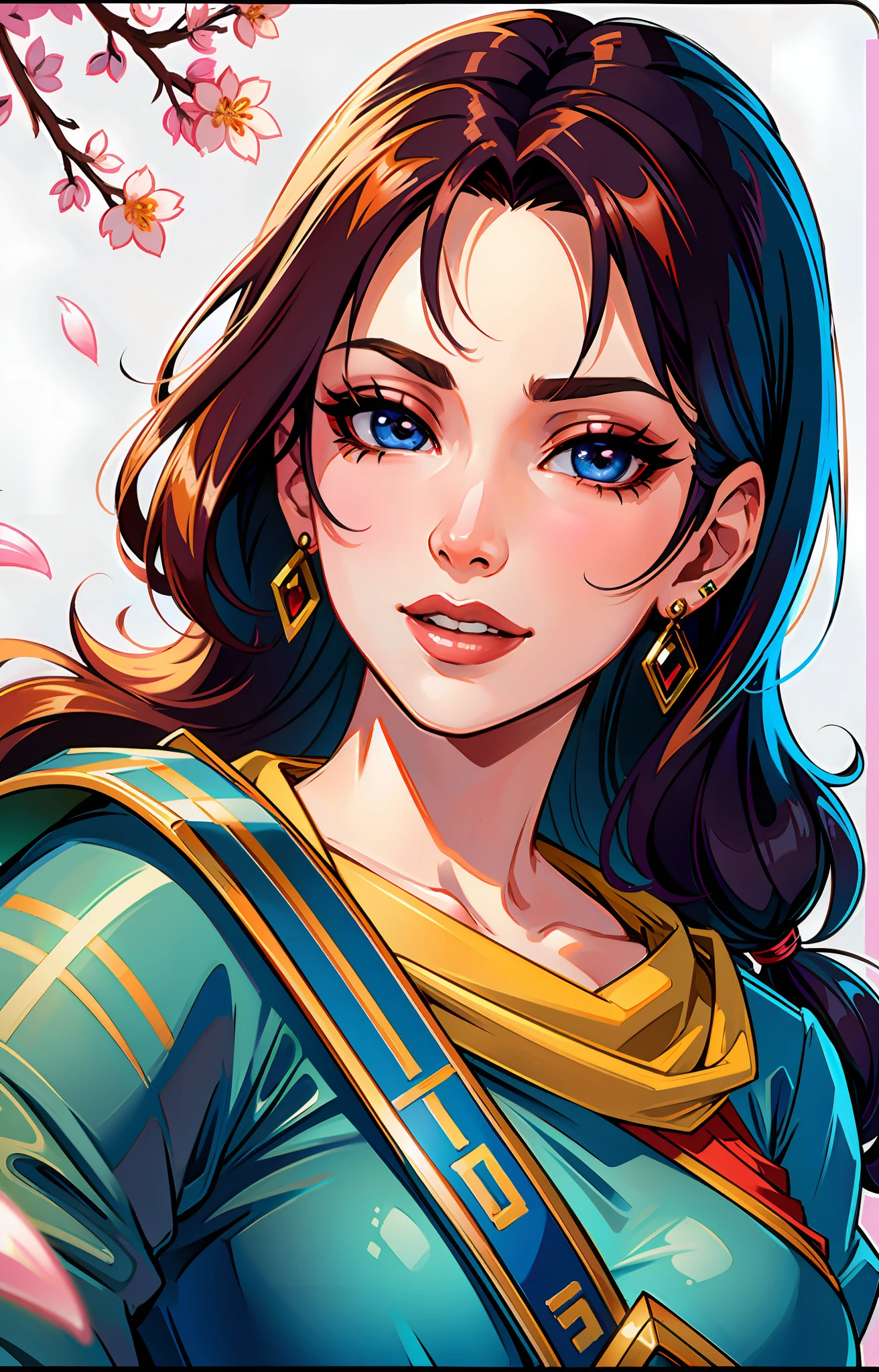 (masterpiece),(best quality:1.0), (ultra highres:1.0), detailed illustration, 8k, anime, 1girl, beautiful anime girl, in a sari, wearing a grey sari, pretty face, detailed face, beautiful eyes, detailed eyes, red lips, red lipstick, smiling, beautiful hair, highlights in hair, pretty earrings, colorful background, sunny, cherry blossom, detailed, anime style, best quality, vibrant