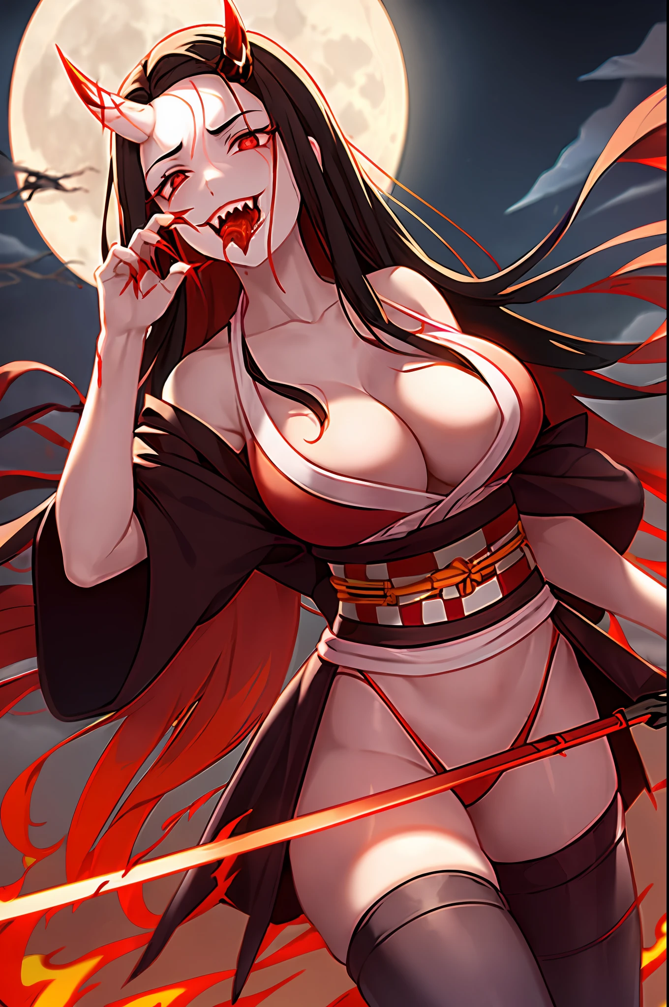 kamado nezuko, 1girl, slit pupils, sharp teeth, vampire, veins, blood, big breasts, ((aged up)), brown hair, buckle, cleavage, collarbone, big breasts, cowboy shot, dutch angle, fingernails, full moon, gradient hair, holding, holding sword, holding weapon, horns, japanese clothes, kimono, large breasts, licking, licking blood, licking hand, long hair, looking at viewer, moon, multicolored hair, night, obi, oni horns, open clothes, open kimono, orange hair, red eyes, red nails, sash, sharp fingernails, single horn, solo, standing, underwear, very long hair, weapon, white belt, ((masterpiece))