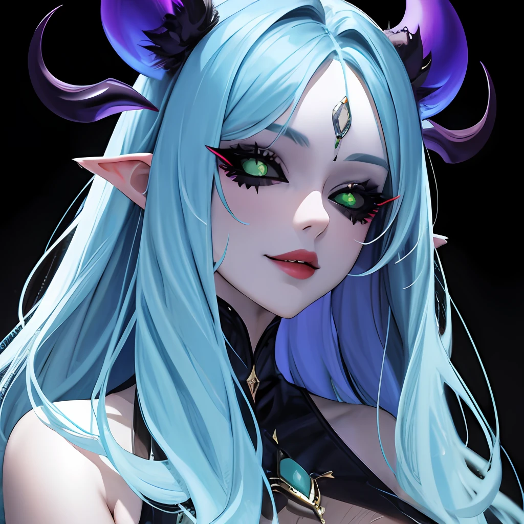 1girl, demon girl, demonic horns, blonde, very long hair, blue dress, ((black sclera, colored sclera)), looking at the viewer, seductive smile, bright skin, mature female, huge breasts, steaming body, red lips, green eyes, bright eyes, ((ultra-detailed face, cinematic, ultra-detailed, concept art, illustration, 4d, 16k))@EdEnworld