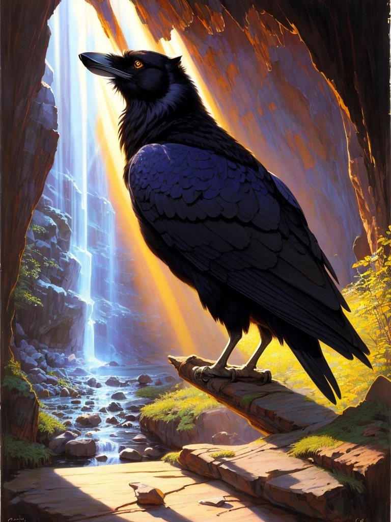 Brian Froud style, oil painting, chiaroscuro, comic style, A hybrid creature with the body and head of a wolf but the feathers and tail of a raven, on (cold pressed 300g/m² cotton paper), dynamic, highly detailed, artstation, concept art, smooth, sharp focus, illustration, art by John William Waterhouse, details by Carl Larsson, detailed cavern background, 60-30-10 color rule, warm tones, rays of light, studio lighting, white background, pastel colors