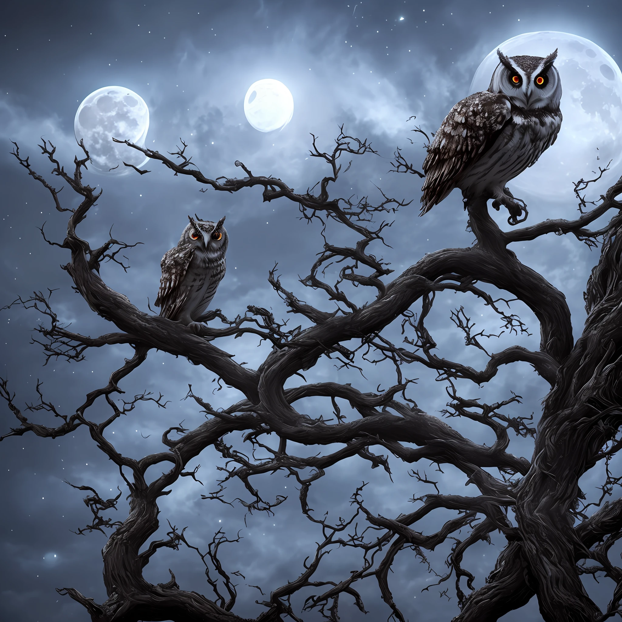 Ultra detail, three eyes, a bloody moon that is slightly covered by clouds, a branch on it sits an owl, behind the night Gothic city
