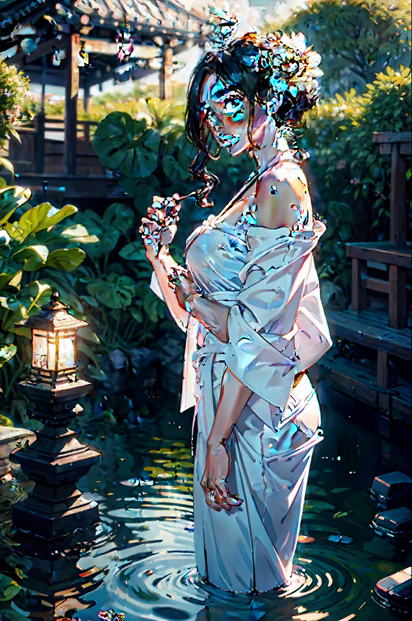 1girl, breasts, moon, lantern, night, solo, large breasts, hair ornament, wet, kimono, japanese clothes, wading, water, hair flower, flower, outdoors, sky, full moon, rain, black hair, off shoulder, mountain, cloud, holding, sash, bare shoulders, paper lantern, standing, white kimono, night sky, sideboob, obi, wet clothes, bangs, tree, from side, reflection, short hair, cloudy sky, wet hair   {{(masterpiece),(extremely detailed CG unity 8k wallpaper),best quality,,solo,1girl,cinematic lighting,detailed background,beautiful detailed eyes,bright pupils, (an extremely delicate and beautiful),(Beautiful and detailed eye description)，  ultra-detailed,masterpiece,}},