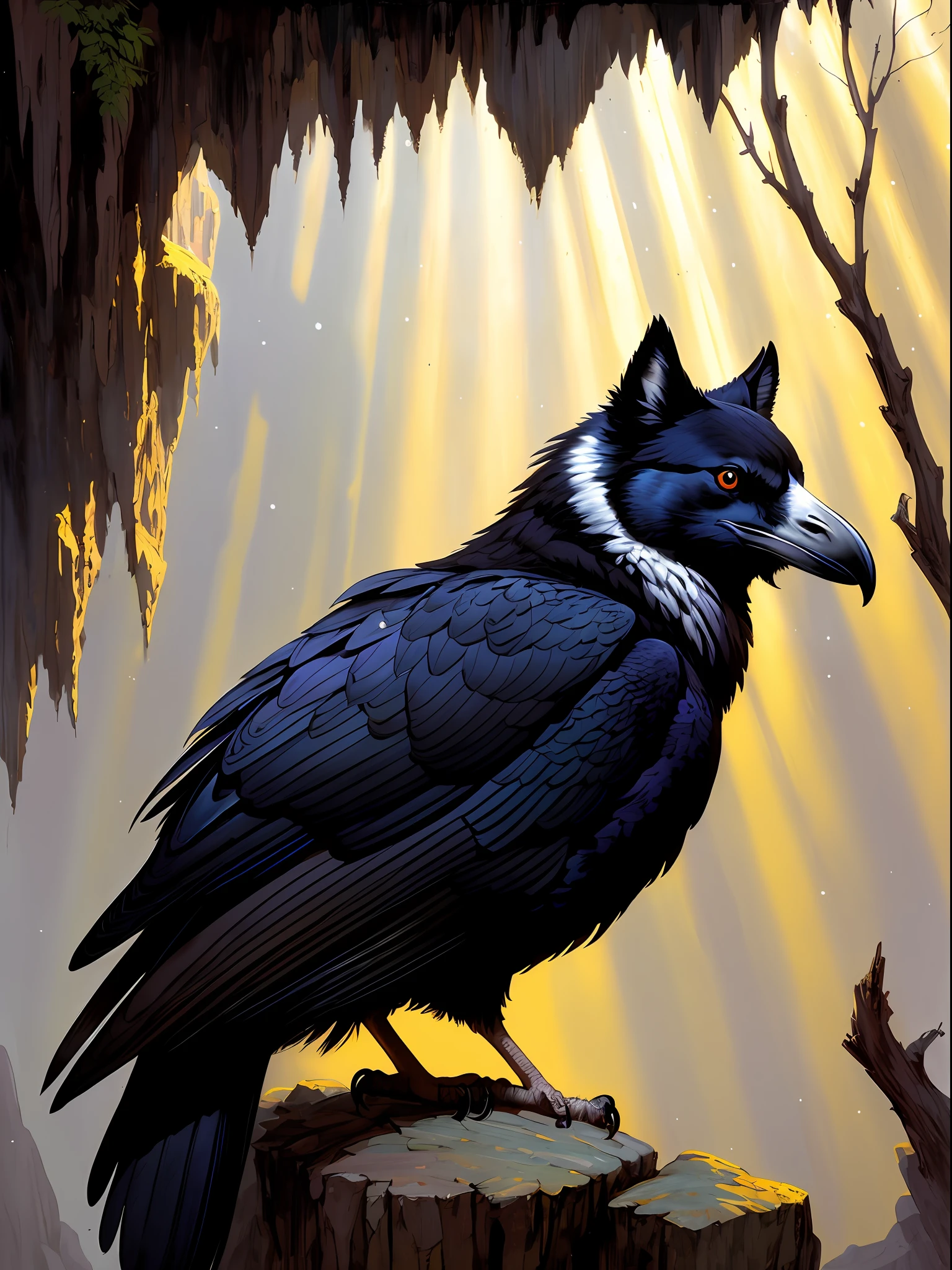 Brian Froude style, oil painting, chiaroscuro, comic style, hybrid creature with wolf body and head but raven feathers and tail, on (cold-pressed cotton paper 300 g/m²), dynamic, highly detailed, art station, concept art, smooth, clear focus, illustration, art by John William Waterhouse, details by Carl Larsson, detailed cave background, 60-30-10 color rule, warm tones, rays of light, studio lighting, white background, Pastel colors
