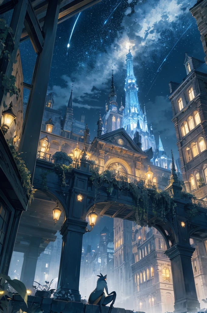 As twilight blankets the realm, the heavens come alive with a celestial spectacle. Countless stars twinkle like shimmering diamonds, their ethereal glow casting a soft illumination upon the landscape. The moon, radiant and full, bathes everything in a gentle silver light, accentuating the enchantment that lies within.
At the heart of the composition stands a majestic mechanical frog—a testament to both artistry and engineering prowess. Crafted with meticulous detail, its metallic frame gleams in the moonlight, adorned with ornate patterns and intricate engravings. Gears and mechanisms intertwine seamlessly, bringing the creature to life with graceful movements.
Perched atop the frog's sturdy back rests a miniature city, a mesmerizing marvel of human innovation and imagination. Towering skyscrapers adorned with neon lights reach towards the heavens, their vibrant hues painting the night sky with a kaleidoscope of colors. Tiny windows flicker like stars, revealing glimpses of bustling activity within the city's vibrant streets.
As the mechanical frog traverses the landscape, its steps create a gentle rhythmic hum that reverberates through the air—a symphony of wonder and possibility. Each hop is a delicate dance, leaving behind a trail of glittering stardust that twinkles like a celestial pathway, guiding the frog and its extraordinary cargo.
The surrounding environment is a harmonious blend of nature and fantasy. Lush greenery and blooming flowers flourish beneath the moon's gentle gaze, their petals embracing the night with delicate fragrances. Majestic trees, their branches adorned with luminescent moss, stand sentinel, casting surreal shadows upon the landscape.
A winding river meanders through the scene, its waters mirroring the starry spectacle above. It whispers secrets as it flows, weaving a tale that only those who listen closely can understand. Along its banks, fireflies illuminate the darkness with their gentle glow, their enchanting light creating a m