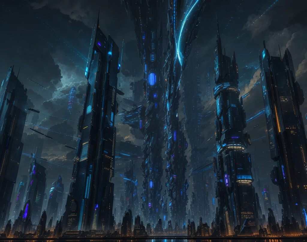 (absurdres, highres, ultra detailed), science fiction, long shot, futuristic city, nighttime, glass towers soar into the sky, lights, ribbons of light flow represent hovering cars flying between the towers. night sky, clouds, rain, reflections, city seems endless, streaks of light through sky