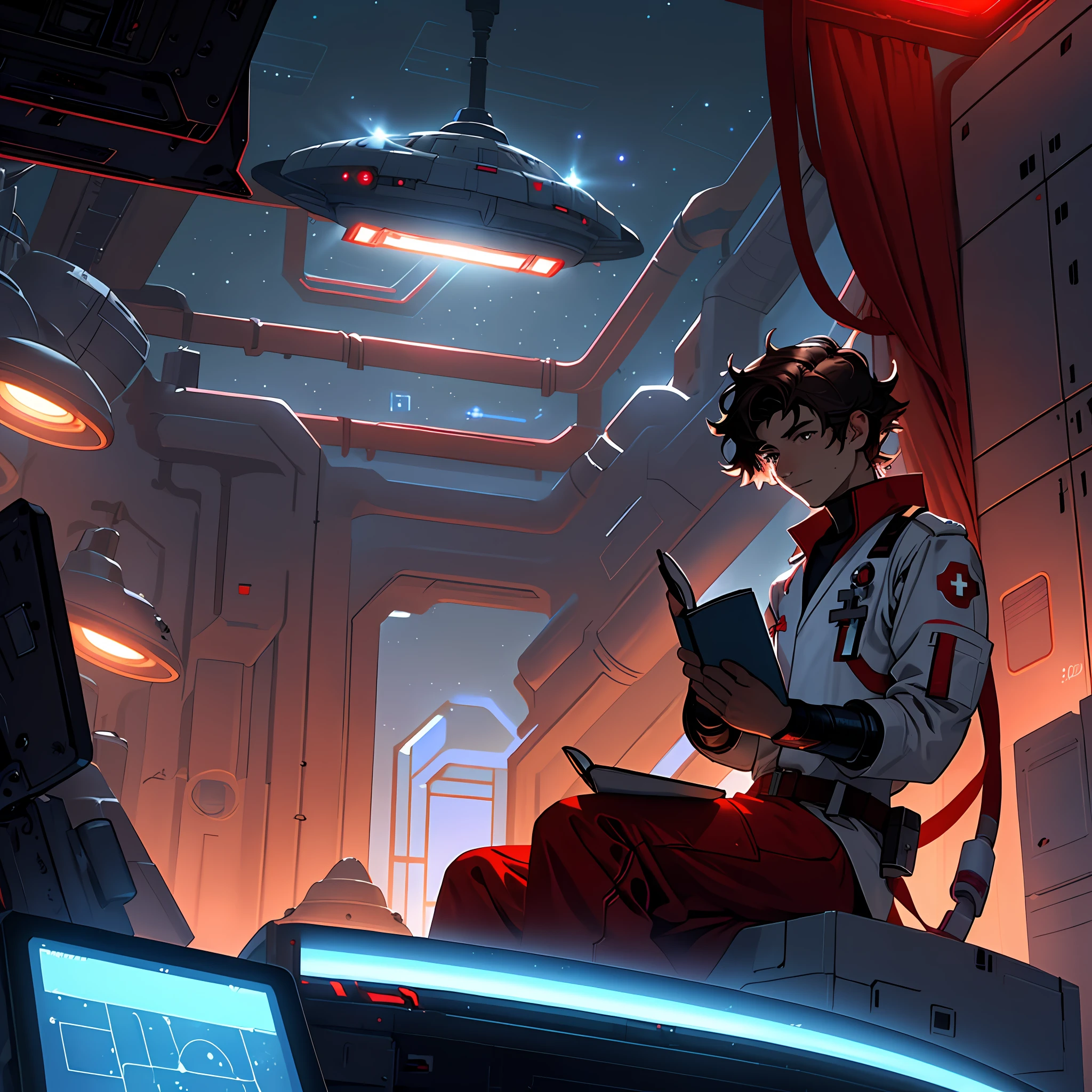 Draw a young blodne hair medic, sitting on a medical bay research platform at the space ship, asteroid belt visible through the big window. He is studying with a notebook, surrounded by several asteroids glowing with fiery auras. Drips of red blood here and there, Dramatic lighting from distant stars and planets illuminates the scene, casting deep shadows on the medical coat. The young man looks confident and determined, looking at the vast and mysterious universe with wonder and respect, cowboy shot, middle lengh hair, red contrast colour, blood splater here and there
