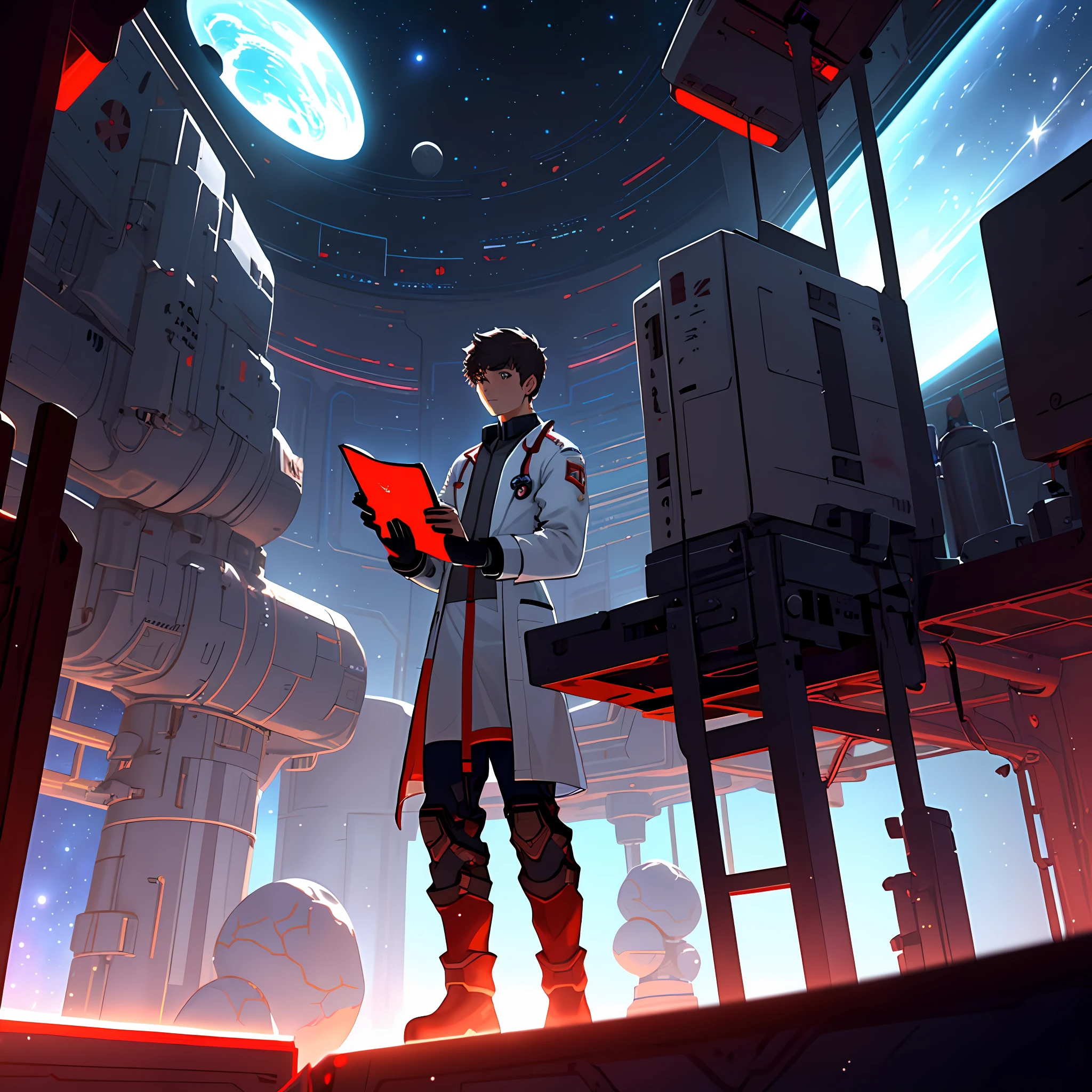 Draw a young blodne hair medic, sitting on a medical bay research platform at the space ship, asteroid belt visible through the big window. He is studying with a notebook, surrounded by several asteroids glowing with fiery auras. Drips of red blood here and there, Dramatic lighting from distant stars and planets illuminates the scene, casting deep shadows on the medical coat. The young man looks confident and determined, looking at the vast and mysterious universe with wonder and respect, cowboy shot, middle lengh hair, red contrast colour, blood splater here and there