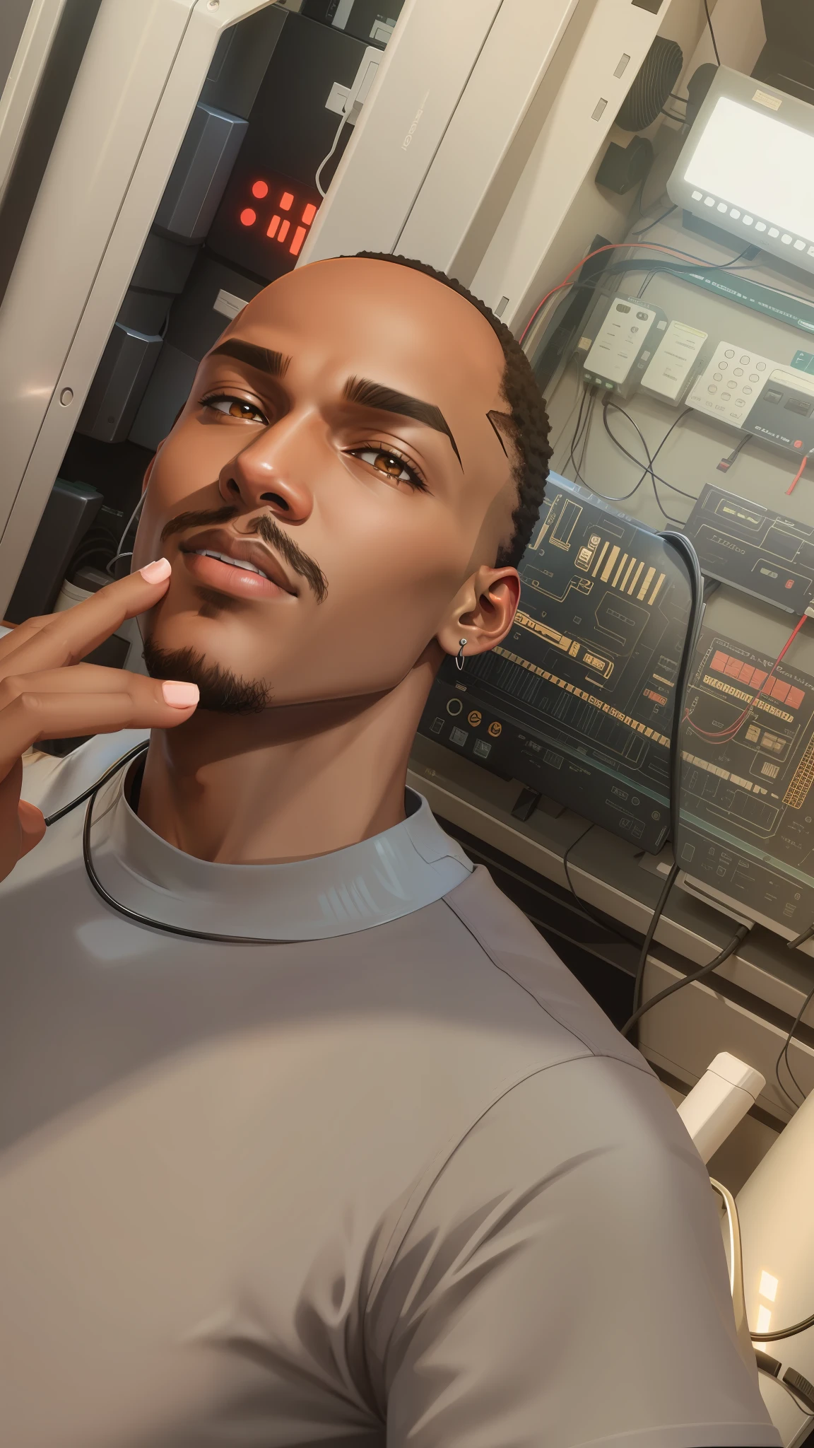 Black Guy,Anime version, sci-fi, eletric painel on background