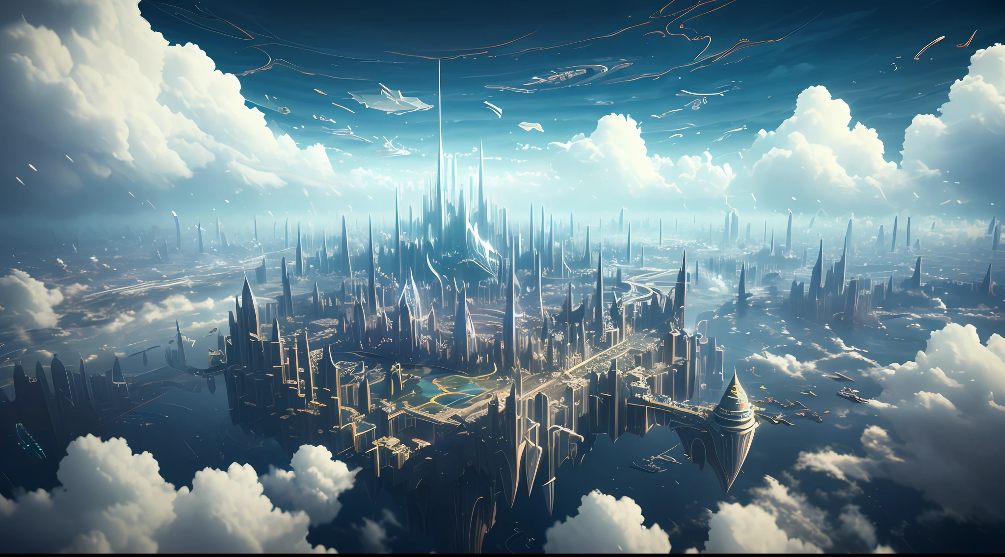 A fantasy floating city, surrounded clouds, Surrealism, Constructivism, Abstractionism, depth of field, motion blur, chromatic aberration abuse, masterpiece, high details, award winning, 8k