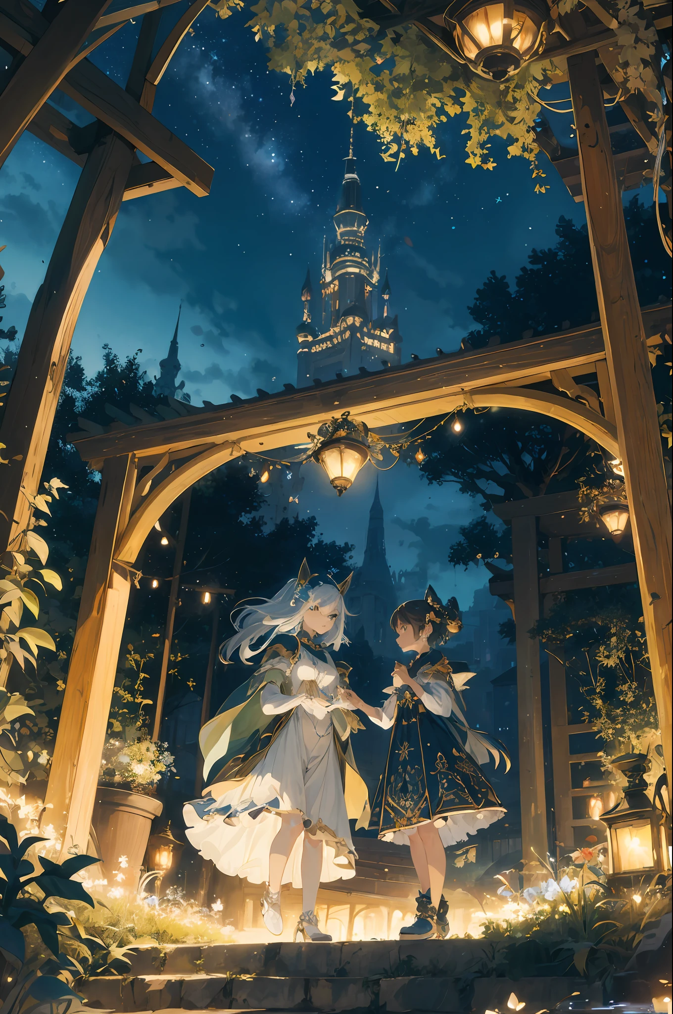 As twilight blankets the realm, the heavens come alive with a celestial spectacle. Countless stars twinkle like shimmering diamonds, their ethereal glow casting a soft illumination upon the landscape. The moon, radiant and full, bathes everything in a gentle silver light, accentuating the enchantment that lies within.

At the heart of the composition stands a majestic mechanical frog—a testament to both artistry and engineering prowess. Crafted with meticulous detail, its metallic frame gleams in the moonlight, adorned with ornate patterns and intricate engravings. Gears and mechanisms intertwine seamlessly, bringing the creature to life with graceful movements.

Perched atop the frog's sturdy back rests a miniature city, a mesmerizing marvel of human innovation and imagination. Towering skyscrapers adorned with neon lights reach towards the heavens, their vibrant hues painting the night sky with a kaleidoscope of colors. Tiny windows flicker like stars, revealing glimpses of bustling activity within the city's vibrant streets.

As the mechanical frog traverses the landscape, its steps create a gentle rhythmic hum that reverberates through the air—a symphony of wonder and possibility. Each hop is a delicate dance, leaving behind a trail of glittering stardust that twinkles like a celestial pathway, guiding the frog and its extraordinary cargo.

The surrounding environment is a harmonious blend of nature and fantasy. Lush greenery and blooming flowers flourish beneath the moon's gentle gaze, their petals embracing the night with delicate fragrances. Majestic trees, their branches adorned with luminescent moss, stand sentinel, casting surreal shadows upon the landscape.

A winding river meanders through the scene, its waters mirroring the starry spectacle above. It whispers secrets as it flows, weaving a tale that only those who listen closely can understand. Along its banks, fireflies illuminate the darkness with their gentle glow, their enchanting light creating a m