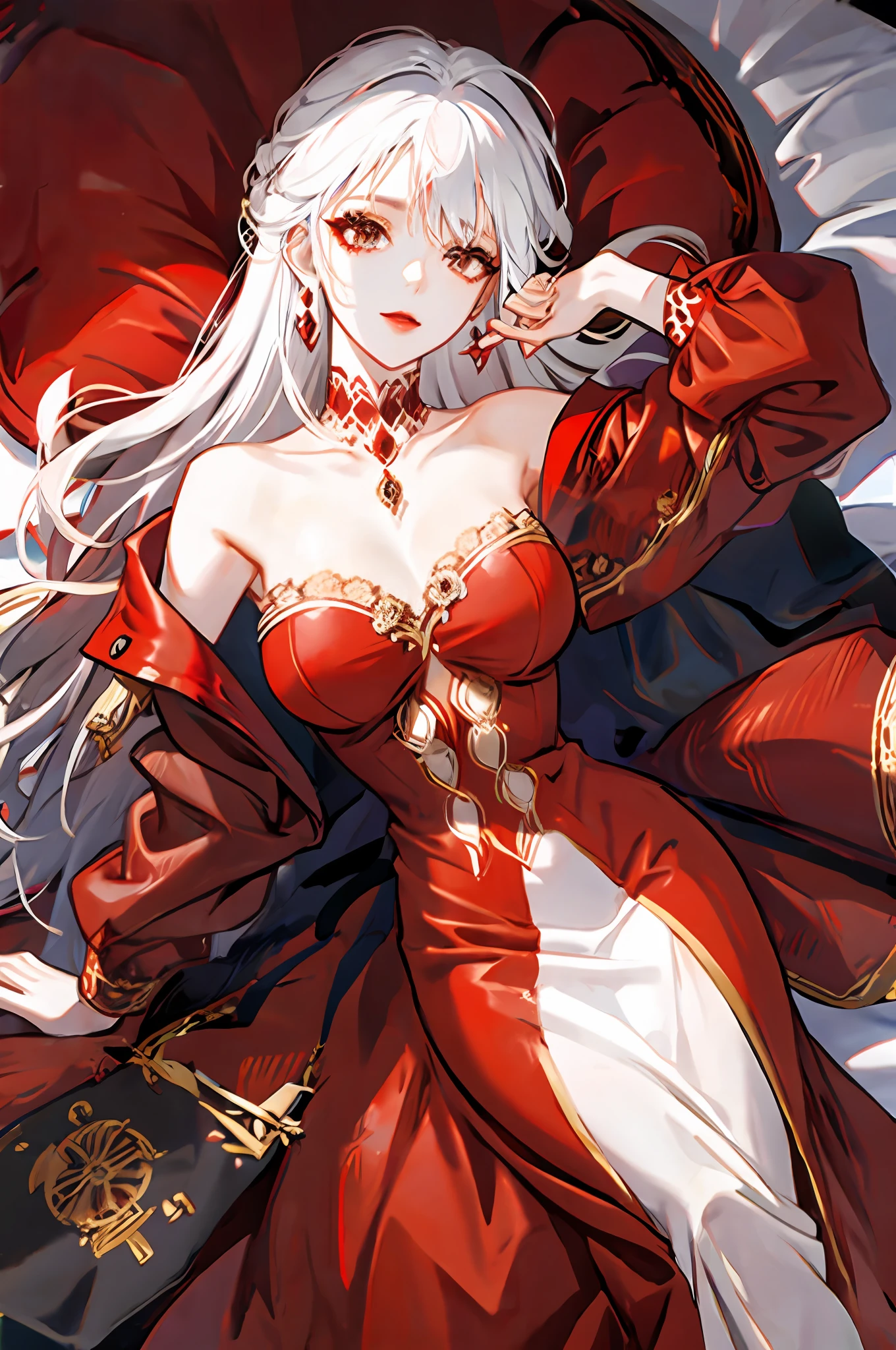 Woman with white hair, brown eyes, red dress, royalty, nobility, lying on a bed, high quality, highly detailed,