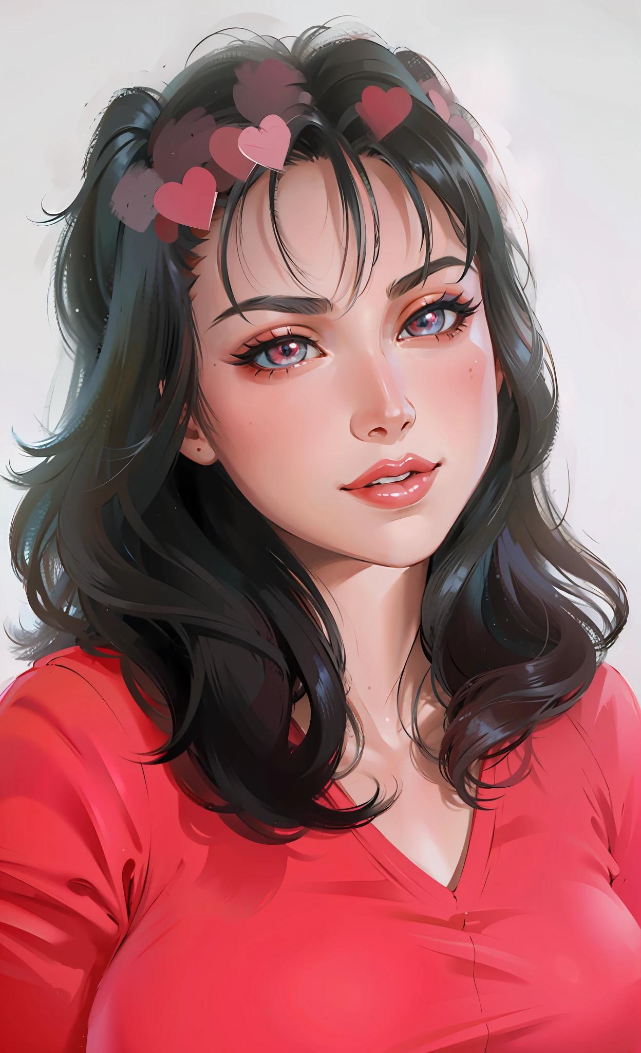 (masterpiece),(best quality:1.0), (ultra highres:1.0), detailed illustration, 8k, anime, 1girl, beautiful anime girl,, wearing a red top, pretty face, detailed face, beautiful eyes, detailed eyes, bright red lips, red lipstick, smiling, beautiful stylish hair, highlights in hair, anime style, best quality, vibrant