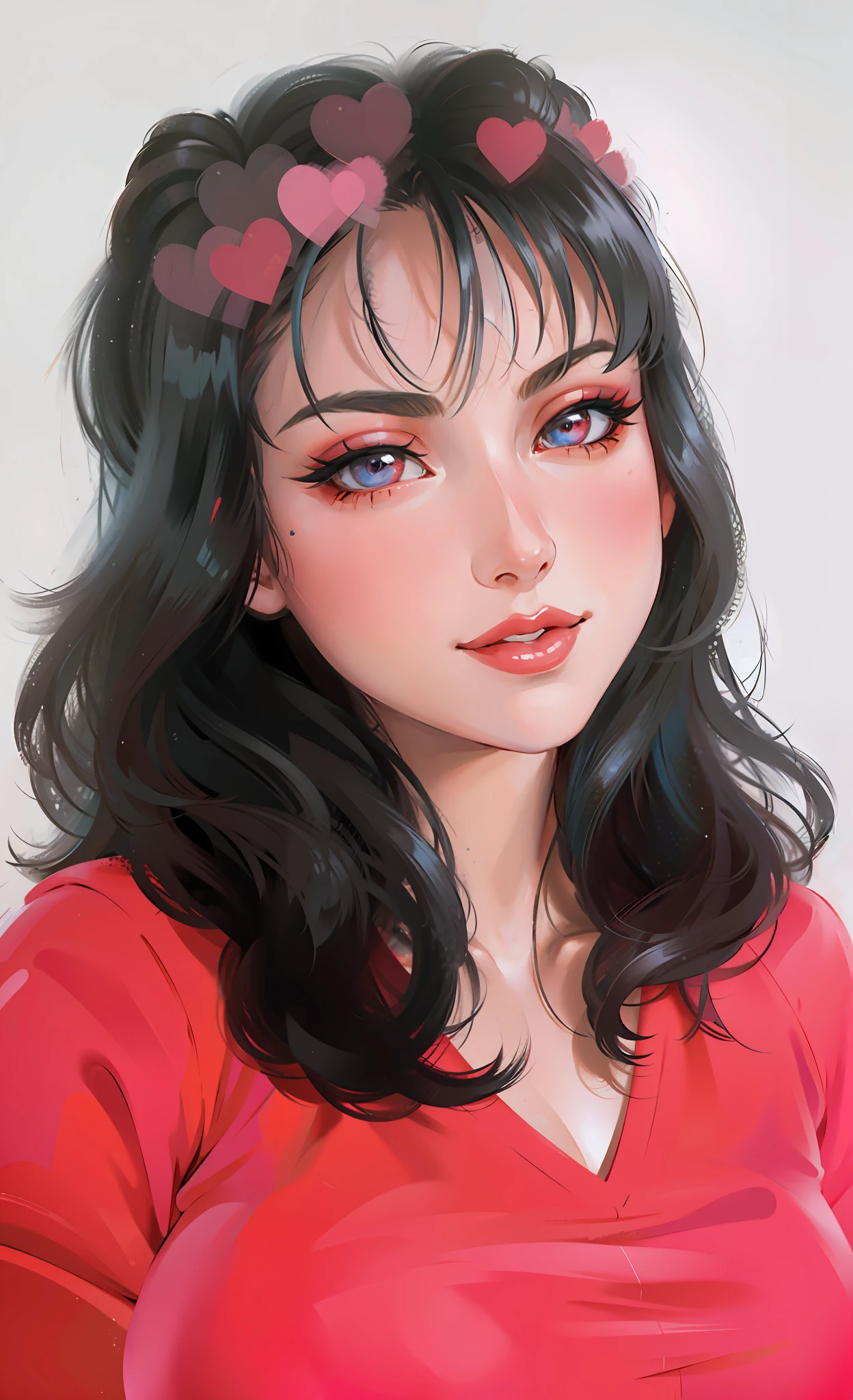 (masterpiece),(best quality:1.0), (ultra highres:1.0), detailed illustration, 8k, anime, 1girl, beautiful anime girl,, wearing a red top, pretty face, detailed face, beautiful eyes, detailed eyes, bright red lips, red lipstick, smiling, beautiful stylish hair, highlights in hair, anime style, best quality, vibrant