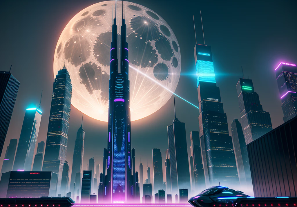 Futuristic cityscape with towering skyscrapers, neon-lit streets, flying cars, holographic billboards, and a full moon backdrop, by Robert Broomfield, 3D art, photorealistic, hyper-detailed, dystopian, trending on ArtStation, cinematic lighting, sci-fi, and fantasy.