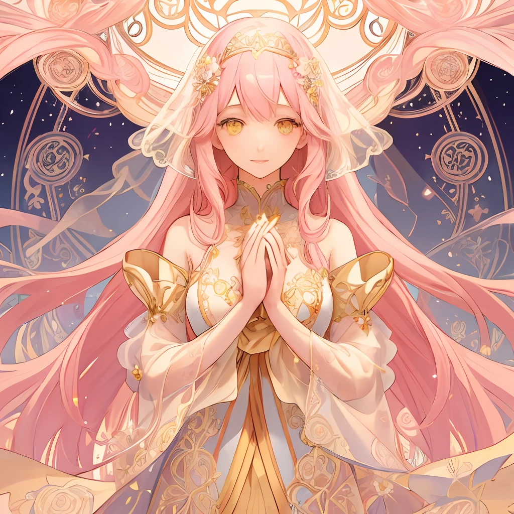 Immerse yourself in the whimsical world of a girl with long pink hair and sparkling yellow eyes, depicted in an ethereal Art Nouveau-inspired illustration, where delicate lines and intricate floral motifs intertwine