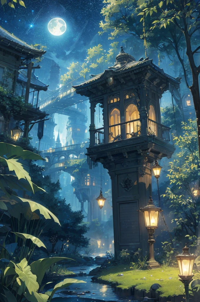 As twilight blankets the realm, the heavens come alive with a celestial spectacle. Countless stars twinkle like shimmering diamonds, their ethereal glow casting a soft illumination upon the landscape. The moon, radiant and full, bathes everything in a gentle silver light, accentuating the enchantment that lies within.

At the heart of the composition stands a majestic mechanical frog—a testament to both artistry and engineering prowess. Crafted with meticulous detail, its metallic frame gleams in the moonlight, adorned with ornate patterns and intricate engravings. Gears and mechanisms intertwine seamlessly, bringing the creature to life with graceful movements.

Perched atop the frog's sturdy back rests a miniature city, a mesmerizing marvel of human innovation and imagination. Towering skyscrapers adorned with neon lights reach towards the heavens, their vibrant hues painting the night sky with a kaleidoscope of colors. Tiny windows flicker like stars, revealing glimpses of bustling activity within the city's vibrant streets.

As the mechanical frog traverses the landscape, its steps create a gentle rhythmic hum that reverberates through the air—a symphony of wonder and possibility. Each hop is a delicate dance, leaving behind a trail of glittering stardust that twinkles like a celestial pathway, guiding the frog and its extraordinary cargo.

The surrounding environment is a harmonious blend of nature and fantasy. Lush greenery and blooming flowers flourish beneath the moon's gentle gaze, their petals embracing the night with delicate fragrances. Majestic trees, their branches adorned with luminescent moss, stand sentinel, casting surreal shadows upon the landscape.

A winding river meanders through the scene, its waters mirroring the starry spectacle above. It whispers secrets as it flows, weaving a tale that only those who listen closely can understand. Along its banks, fireflies illuminate the darkness with their gentle glow, their enchanting light creating a m