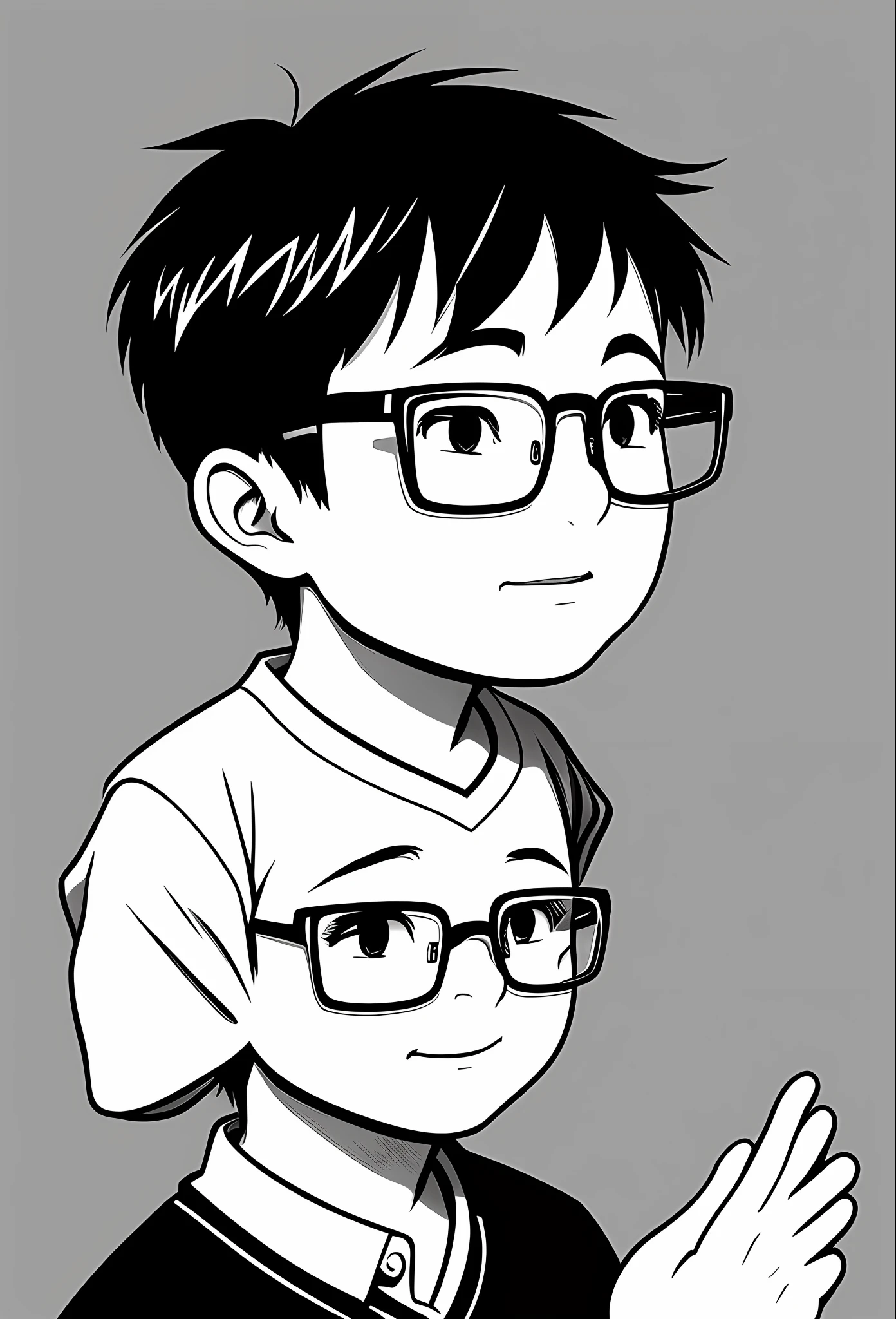 Cartoon, Chinese, boy, glasses, black and white background, backlight, masterpiece, high quality, double eyelids