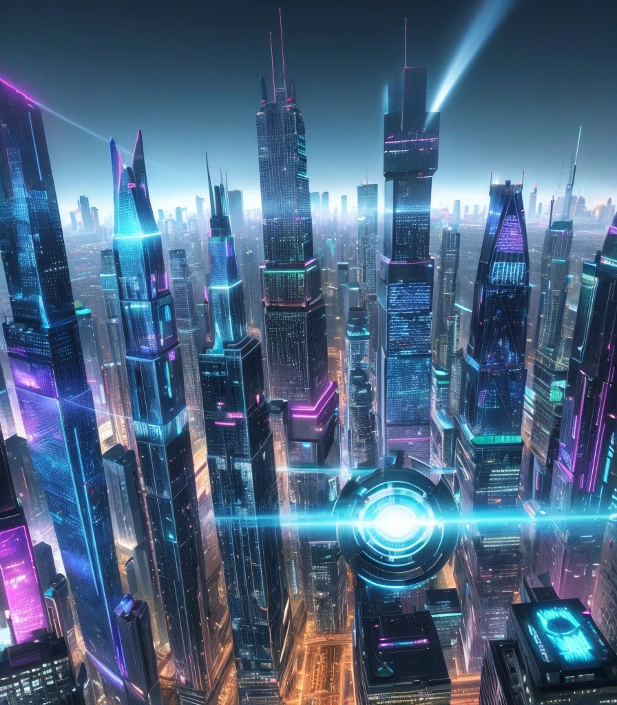 Futuristic cityscape with towering skyscrapers, neon-lit streets, flying cars, holographic billboards, and a full moon backdrop, by Robert Broomfield, 3D art, photorealistic, hyper-detailed, dystopian, trending on ArtStation, cinematic lighting, sci-fi, and fantasy.