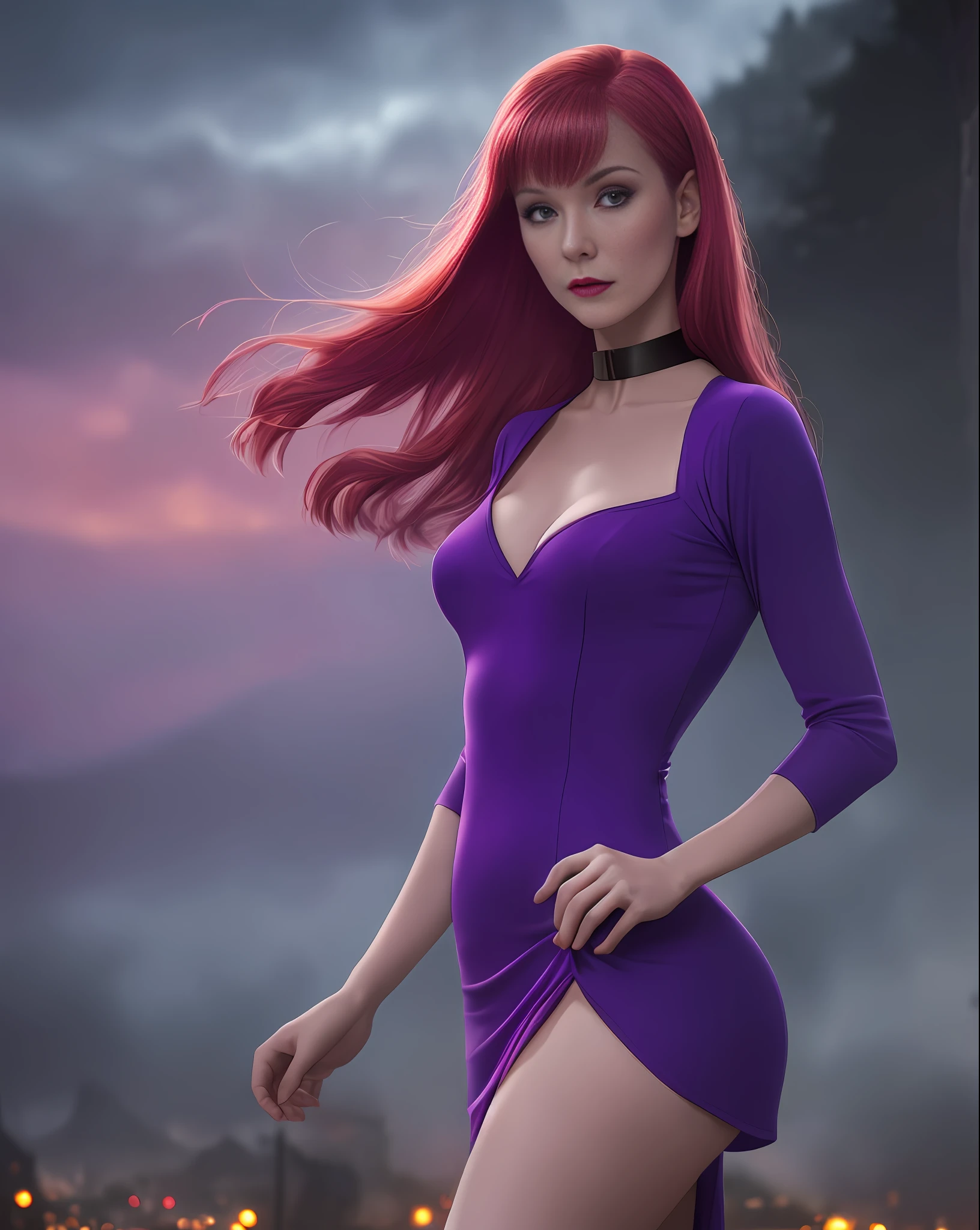 "Describe Daphne Blake's appearance and personality from the Scooby doo anime in a realistic setting. How does she dress? How does she act? How does she walk?", adult version, blue colored eye, short purple dress and glued, red hair, slender and elegant, very sensual, posing for photo, medium breasts, fog, dark, 3 am, cloudy night, climate of terror, dawn, village at night, suspense, (masterpiece, blurred background, natural lighting, depth of field, ultra detailed and realistic photography, 100mm lens),  portrait style