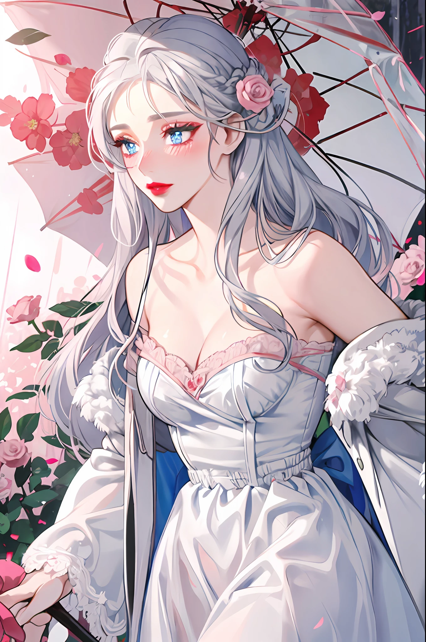 silver-haired girl holding a rose and an umbrella in the rain, blue eyes, shy look, red lips, blushing, pink flower garden in the background,