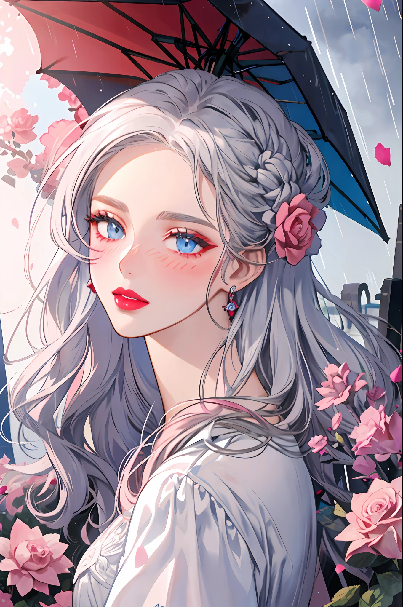 silver-haired girl holding a rose and an umbrella in the rain, blue eyes, shy look, red lips, blushing, pink flower garden in the background,