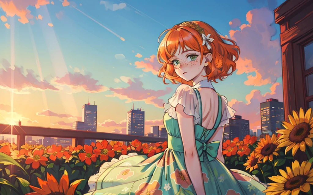 masterpiece portrait of a woman in Montreal at dawn, cute orange curly hair, green eyes, freckles, floral print, dress, dawn, neon, rays of light, caustic, lens reflection, ((solo)), ishmael_limbus