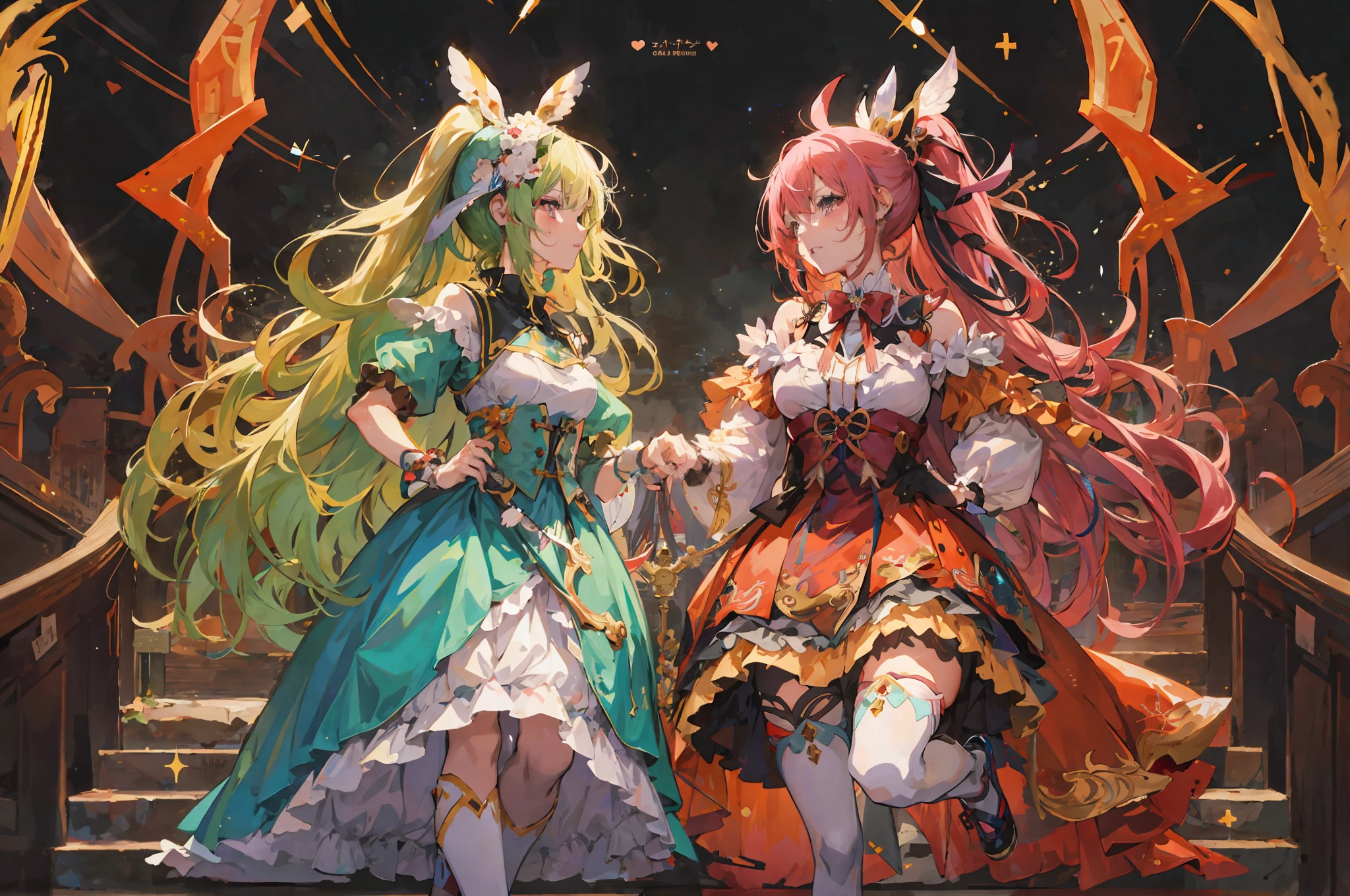 anime characters dressed in colorful costumes sitting on a wooden platform, wlop and sakimichan, trending on artstation pixiv, anime style 4 k, anime fantasy artwork, anime fantasy illustration, guweiz on pixiv artstation, 8k high quality detailed art, cushart krenz key art feminine, beautiful fantasy anime, anime art wallpaper 8 k